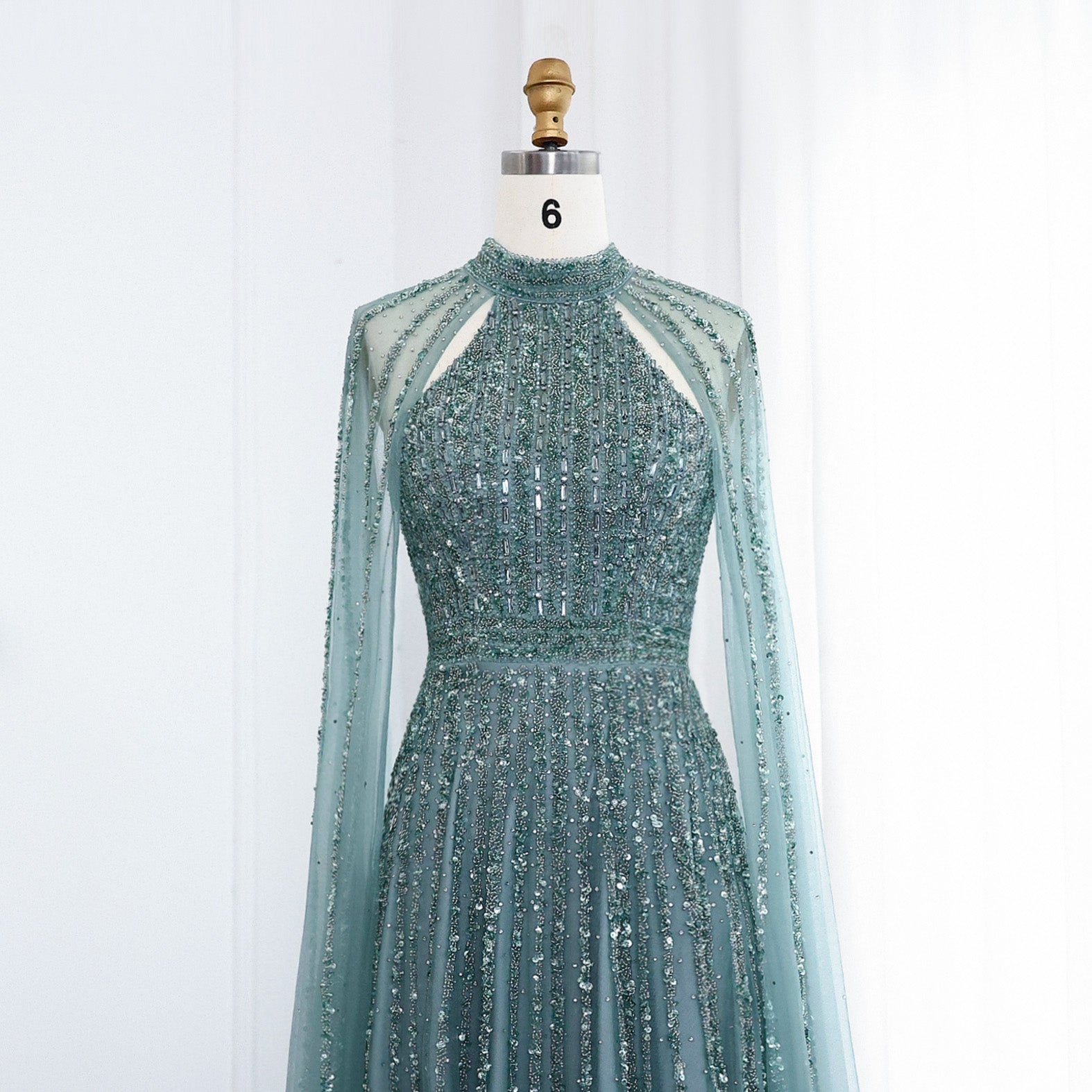 Luxury Beaded Turquoise Evening Dress with Cape SS085