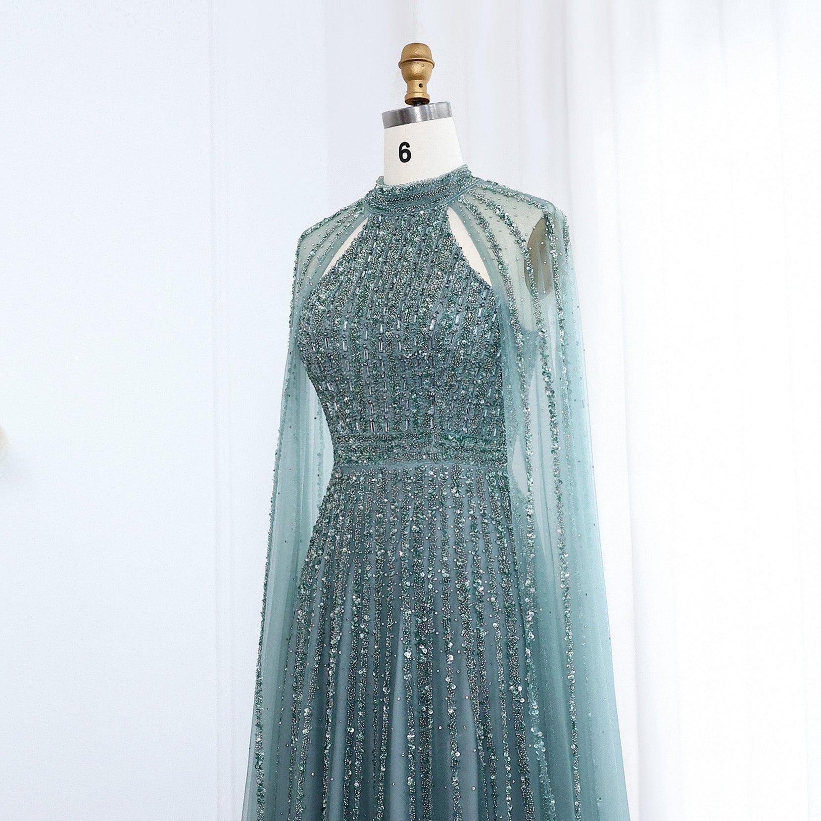 Luxury Beaded Turquoise Evening Dress with Cape SS085