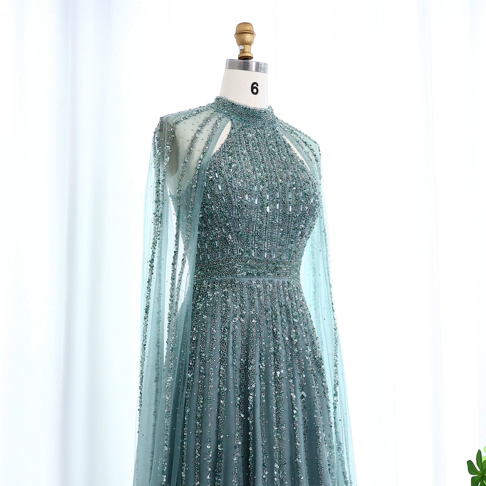 Luxury Beaded Turquoise Evening Dress with Cape SS085
