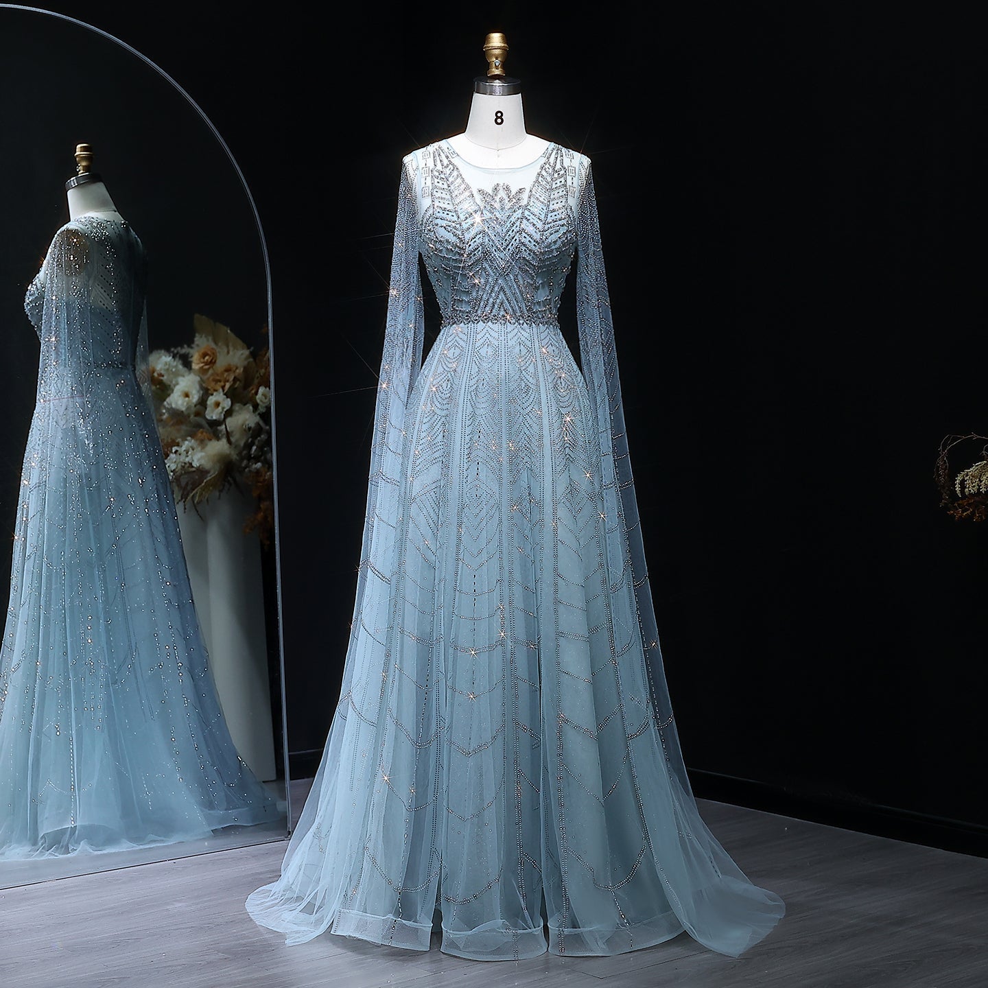 Luxury Crystal Blue Evening Dress with Cape Sleeves SS030  Blue / US 20