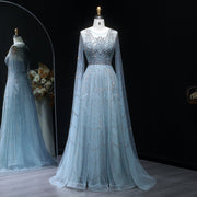 Luxury Crystal Blue Evening Dress with Cape Sleeves SS030  Blue / US 20