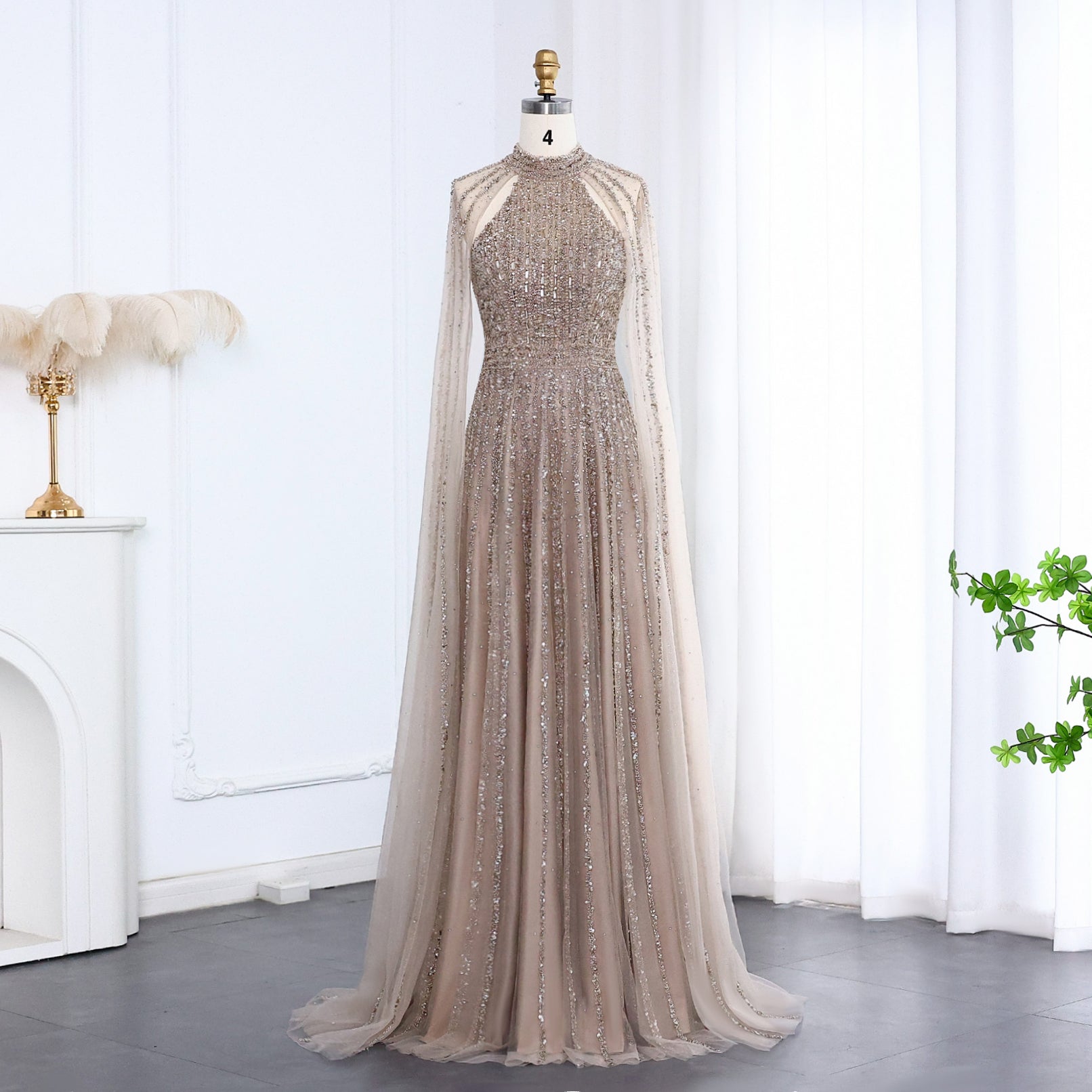 Luxury Beaded Turquoise Evening Dress with Cape SS085  Champagne / US 18