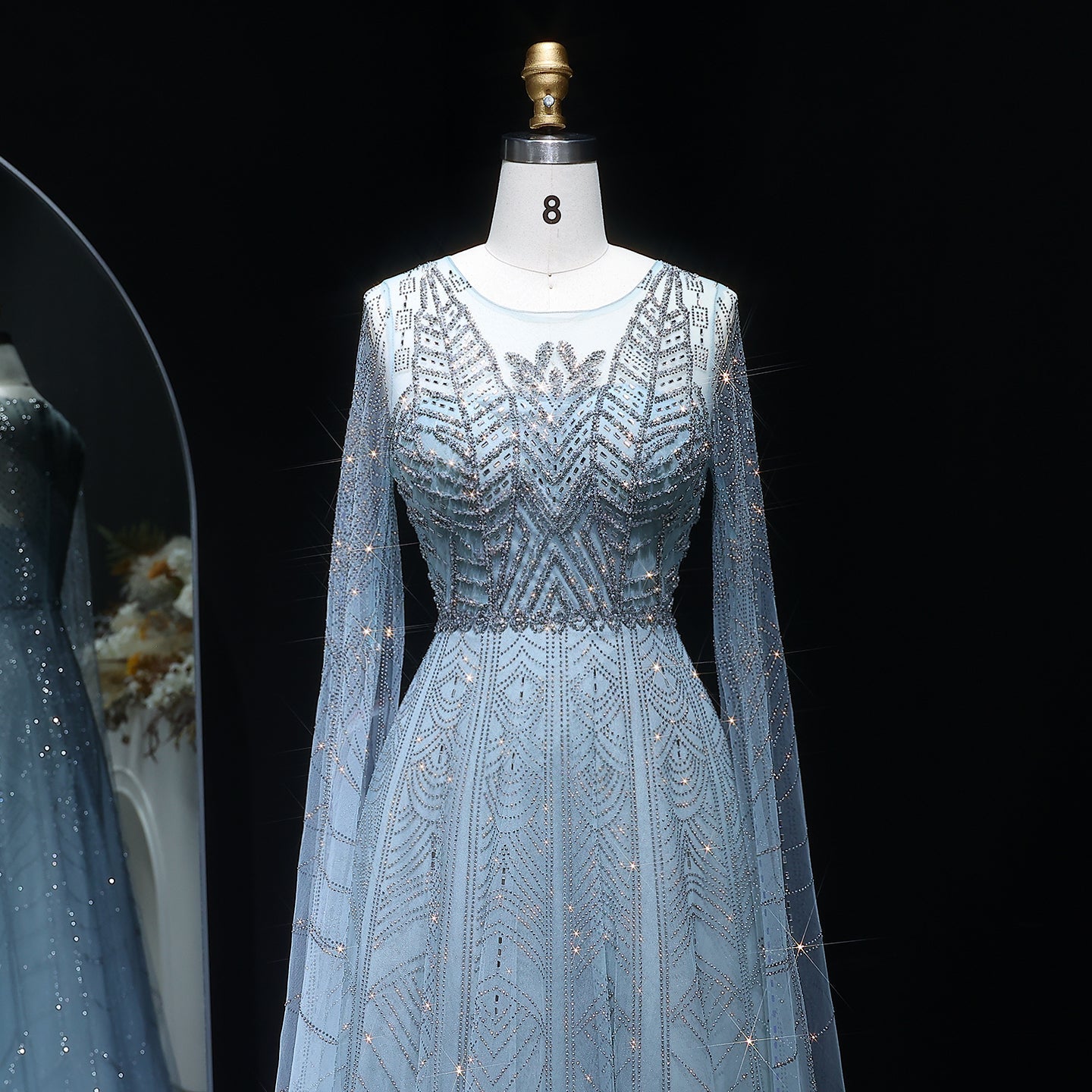Luxury Crystal Blue Evening Dress with Cape Sleeves SS030
