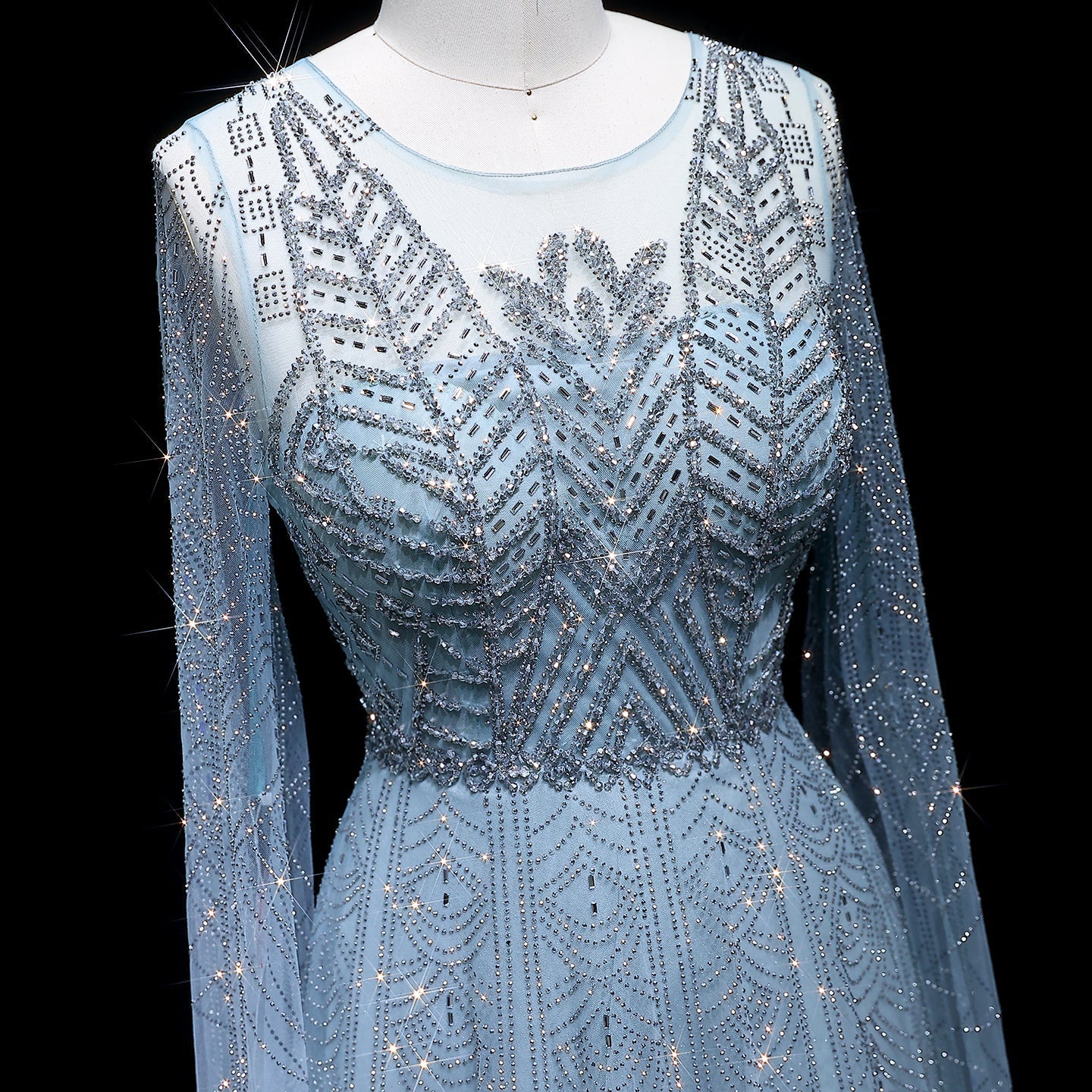 Luxury Crystal Blue Evening Dress with Cape Sleeves SS030