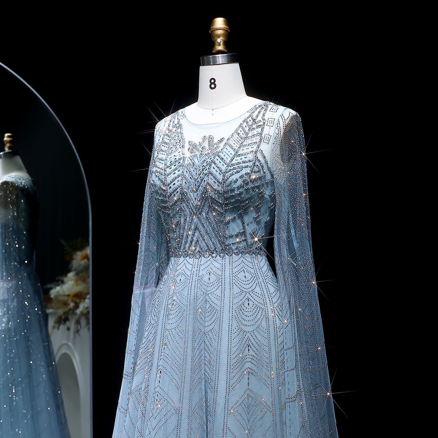 Luxury Crystal Blue Evening Dress with Cape Sleeves SS030