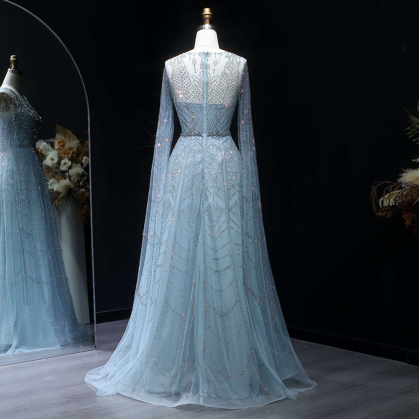 Luxury Crystal Blue Evening Dress with Cape Sleeves SS030