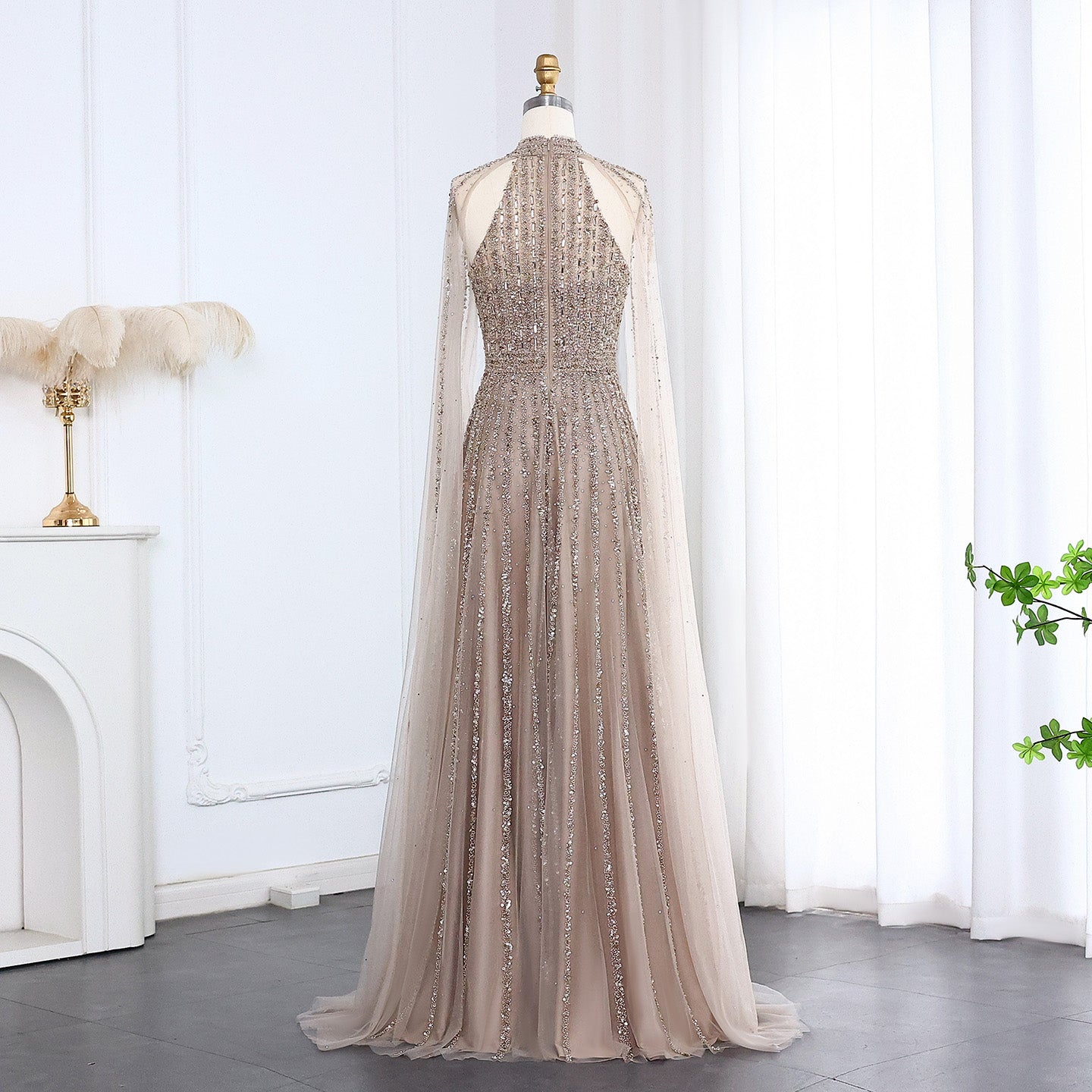 Luxury Beaded Turquoise Evening Dress with Cape SS085