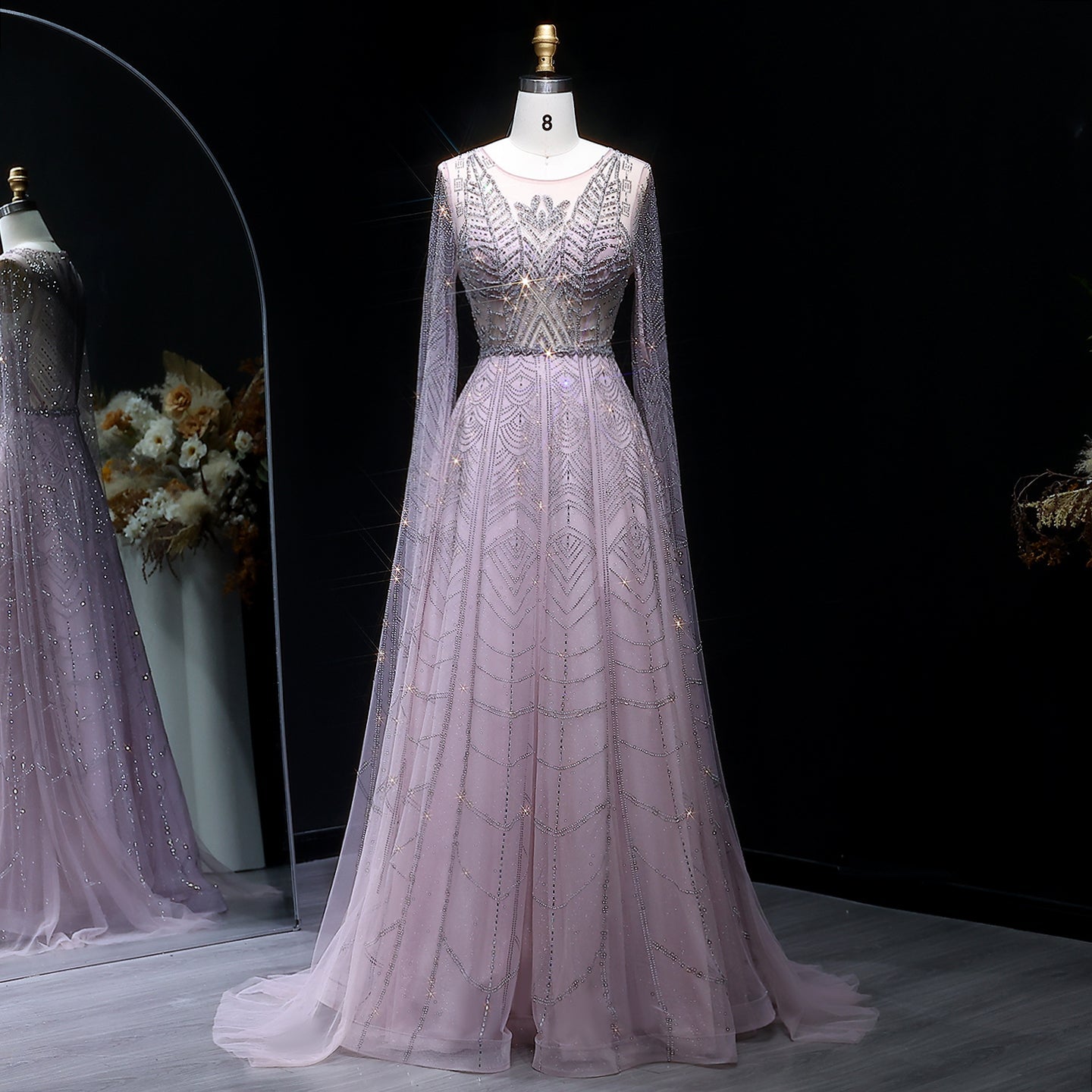 Luxury Crystal Blue Evening Dress with Cape Sleeves SS030  Pink / US 20