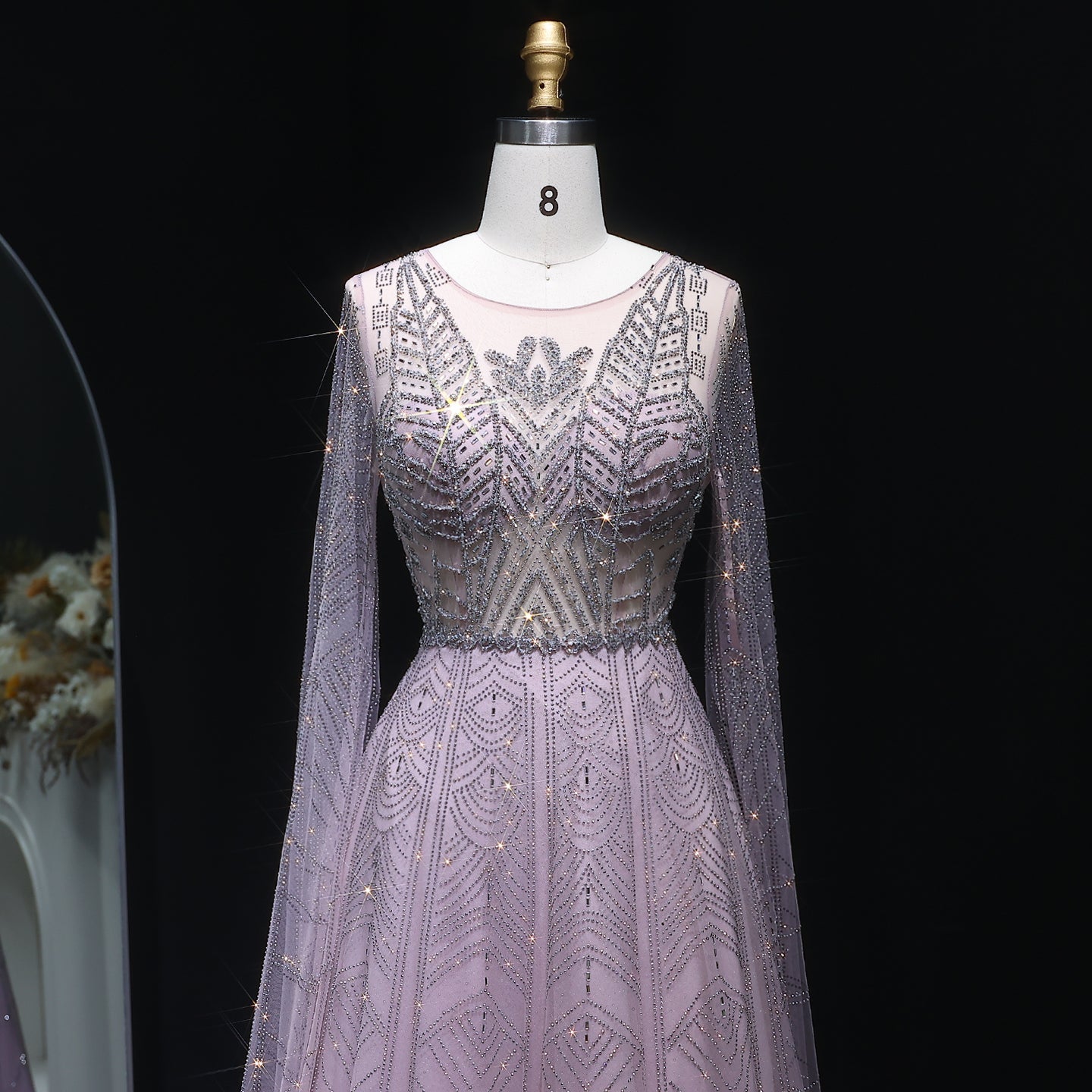 Luxury Crystal Blue Evening Dress with Cape Sleeves SS030