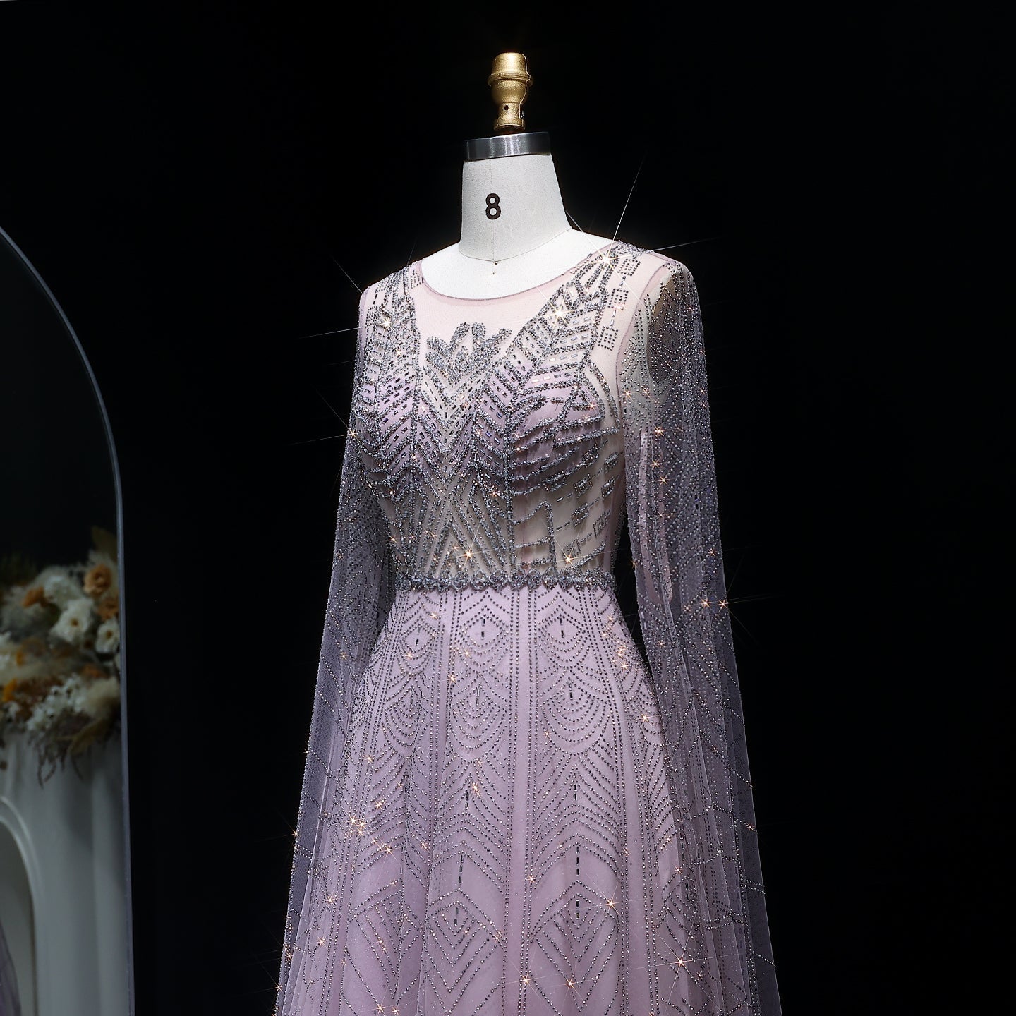 Luxury Crystal Blue Evening Dress with Cape Sleeves SS030