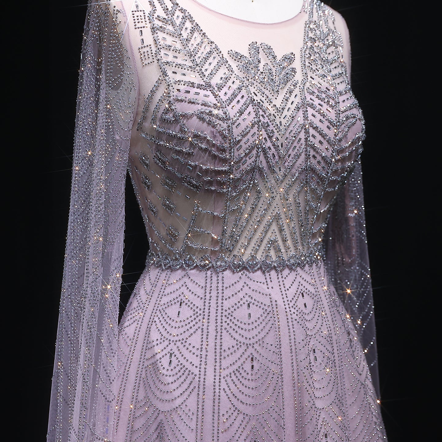 Luxury Crystal Blue Evening Dress with Cape Sleeves SS030