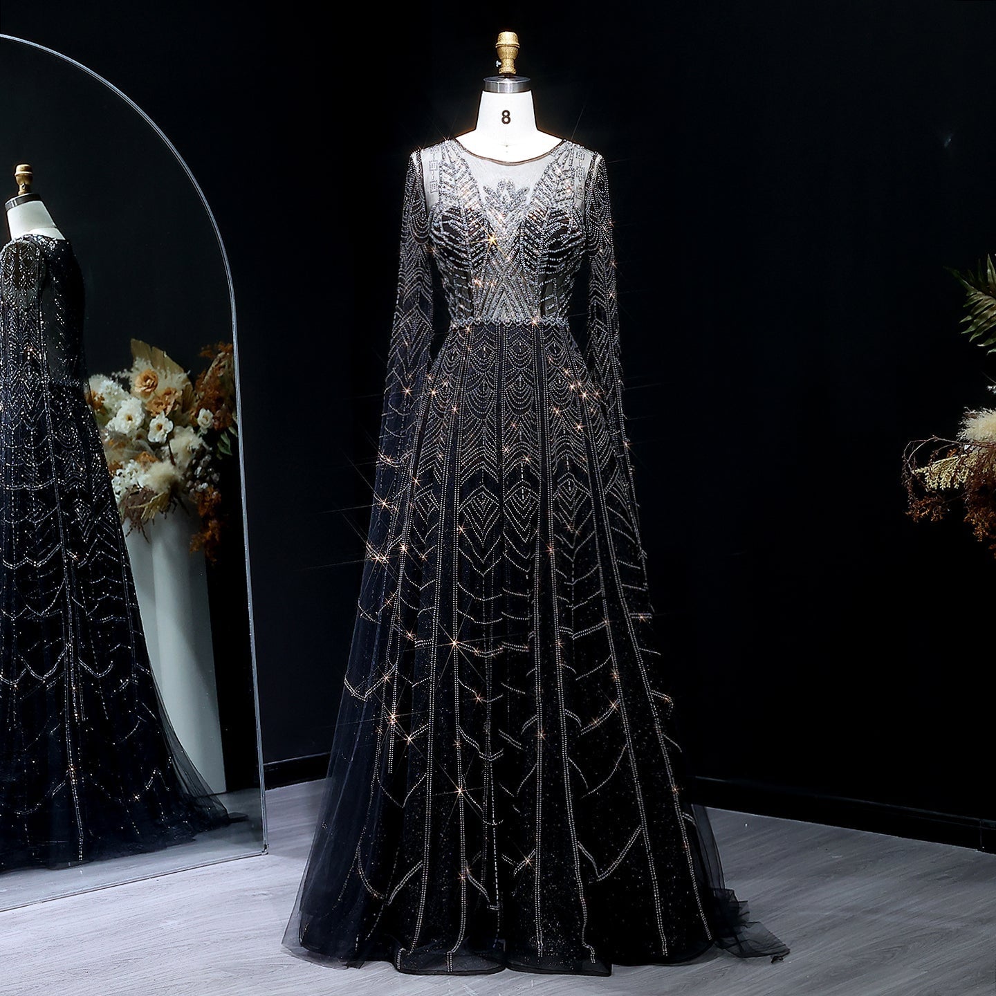 Luxury Crystal Blue Evening Dress with Cape Sleeves SS030  Black / US 20