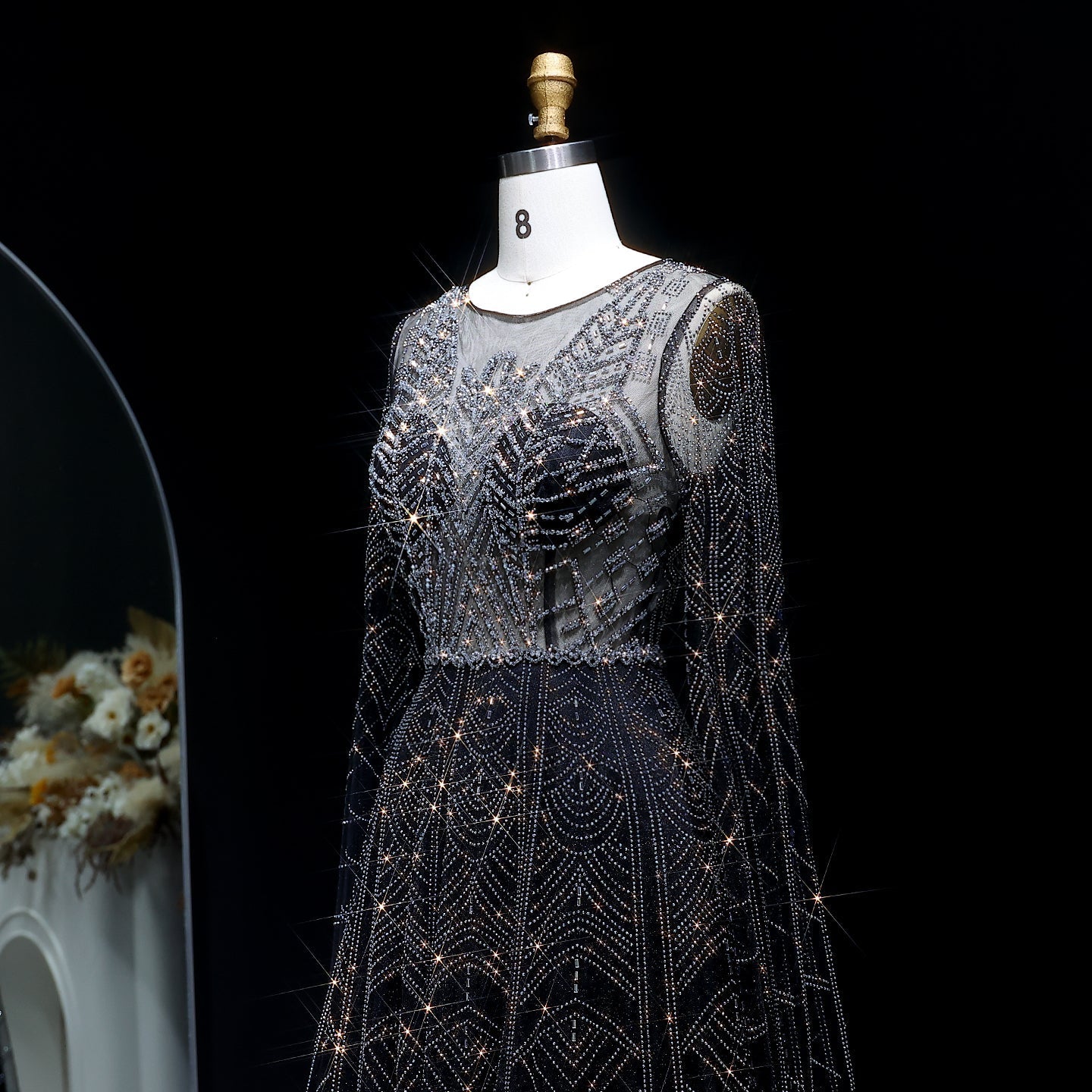 Luxury Crystal Blue Evening Dress with Cape Sleeves SS030