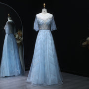 Sparkly Crystal Plus Size Women Evening Dress with Flare Sleeves SS036  Blue / US 20