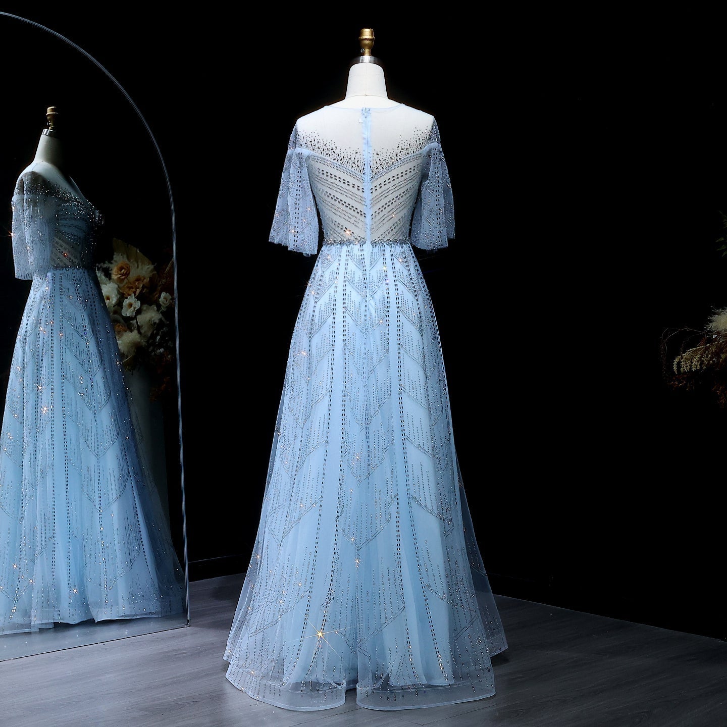 Sparkly Crystal Plus Size Women Evening Dress with Flare Sleeves SS036