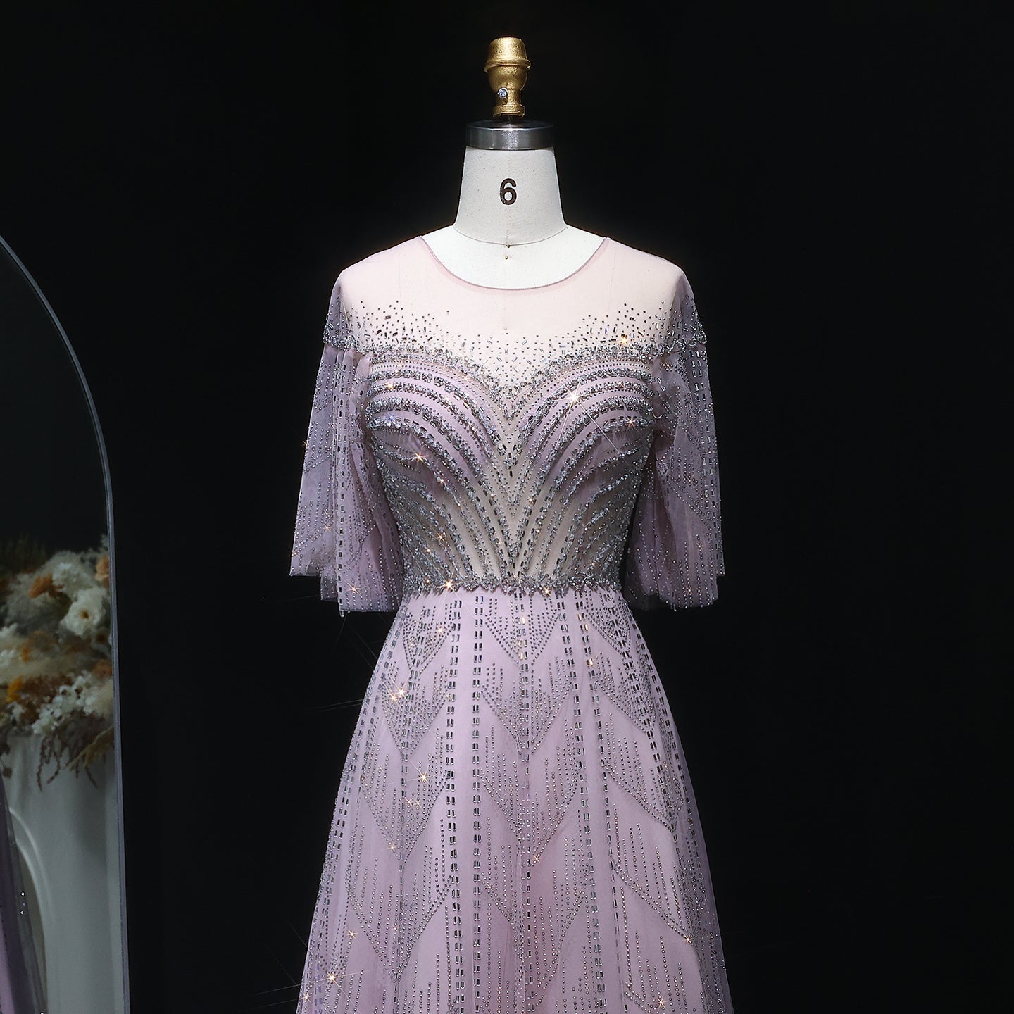 Sparkly Crystal Plus Size Women Evening Dress with Flare Sleeves SS036