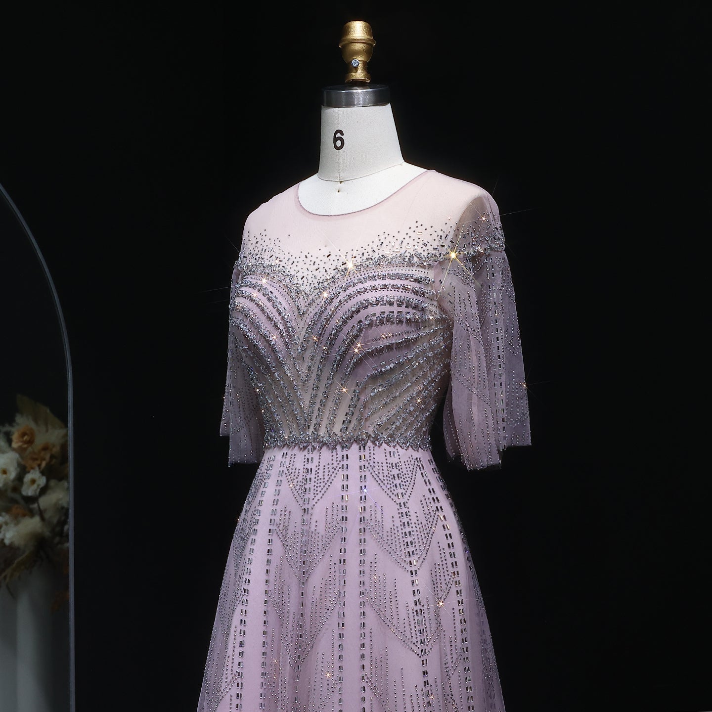 Sparkly Crystal Plus Size Women Evening Dress with Flare Sleeves SS036