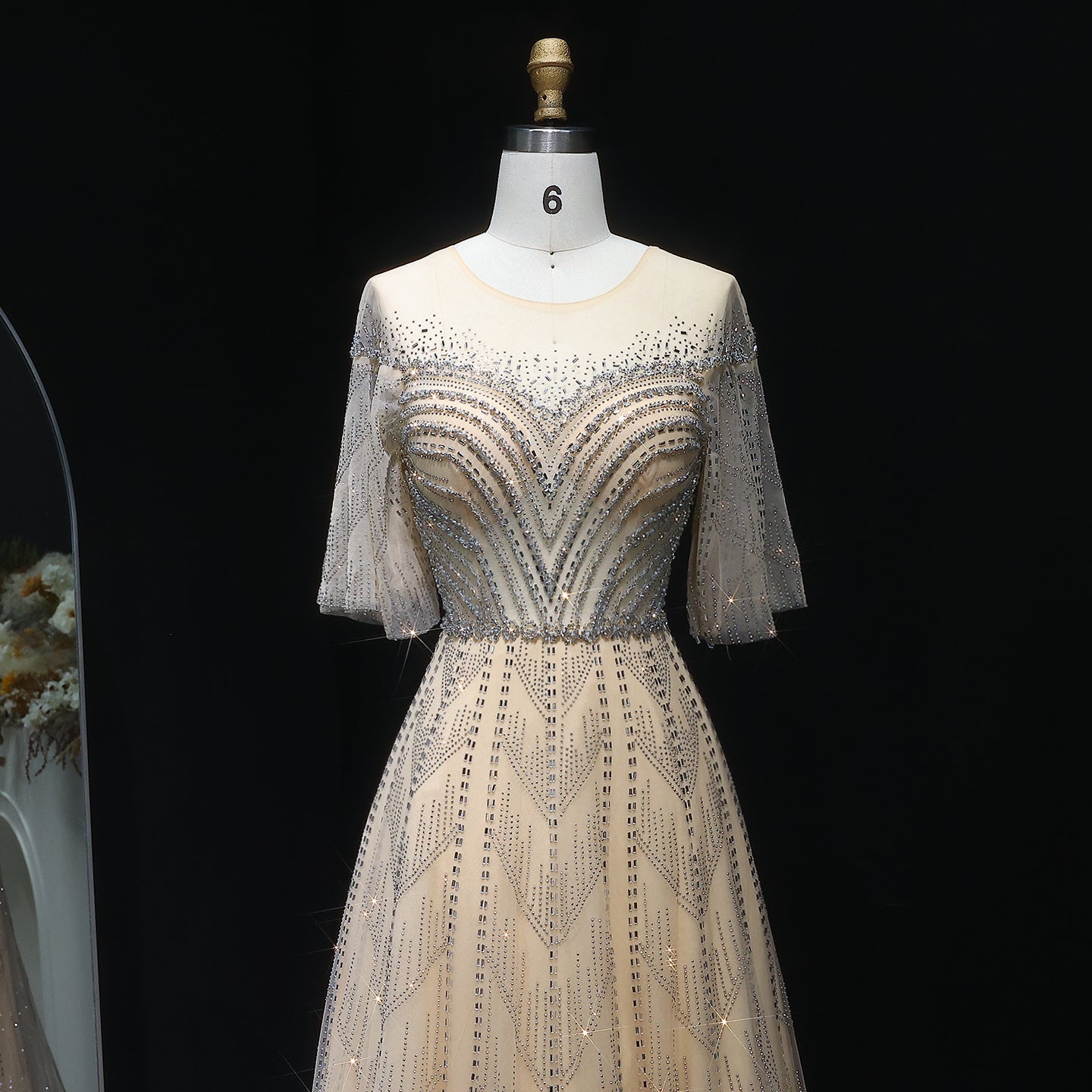 Sparkly Crystal Plus Size Women Evening Dress with Flare Sleeves SS036