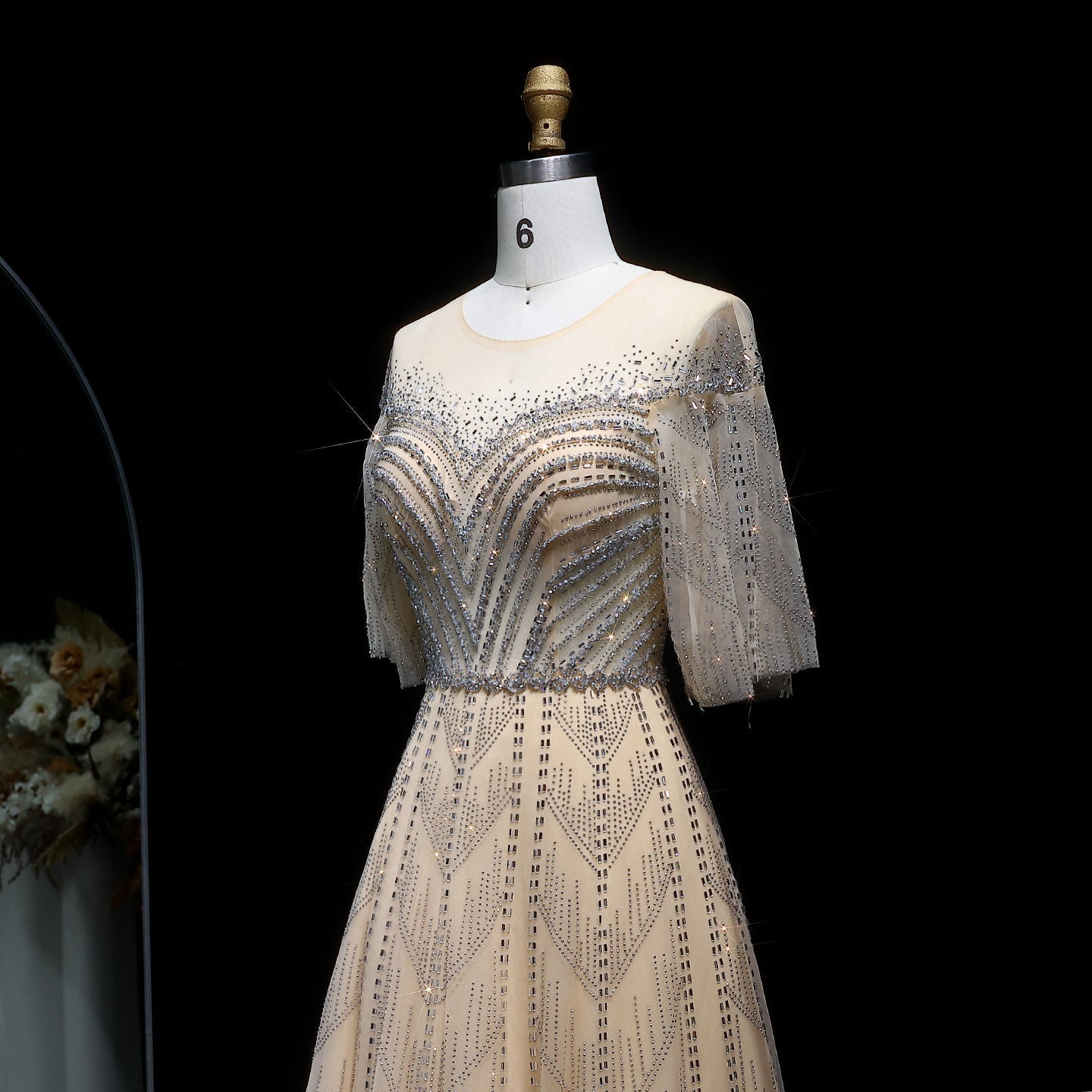 Sparkly Crystal Plus Size Women Evening Dress with Flare Sleeves SS036