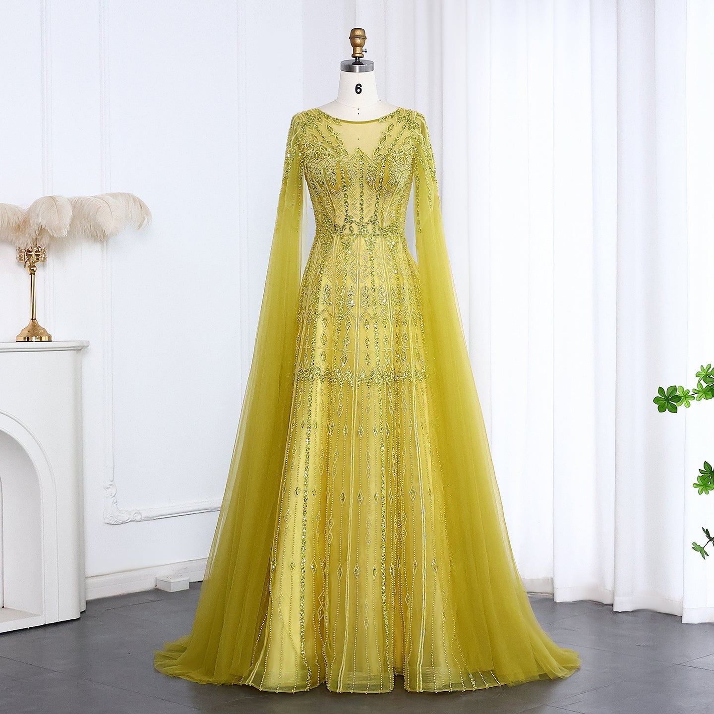 Luxury Blue Evening Dress with Cape Sleeves SS001  Gold / US 20