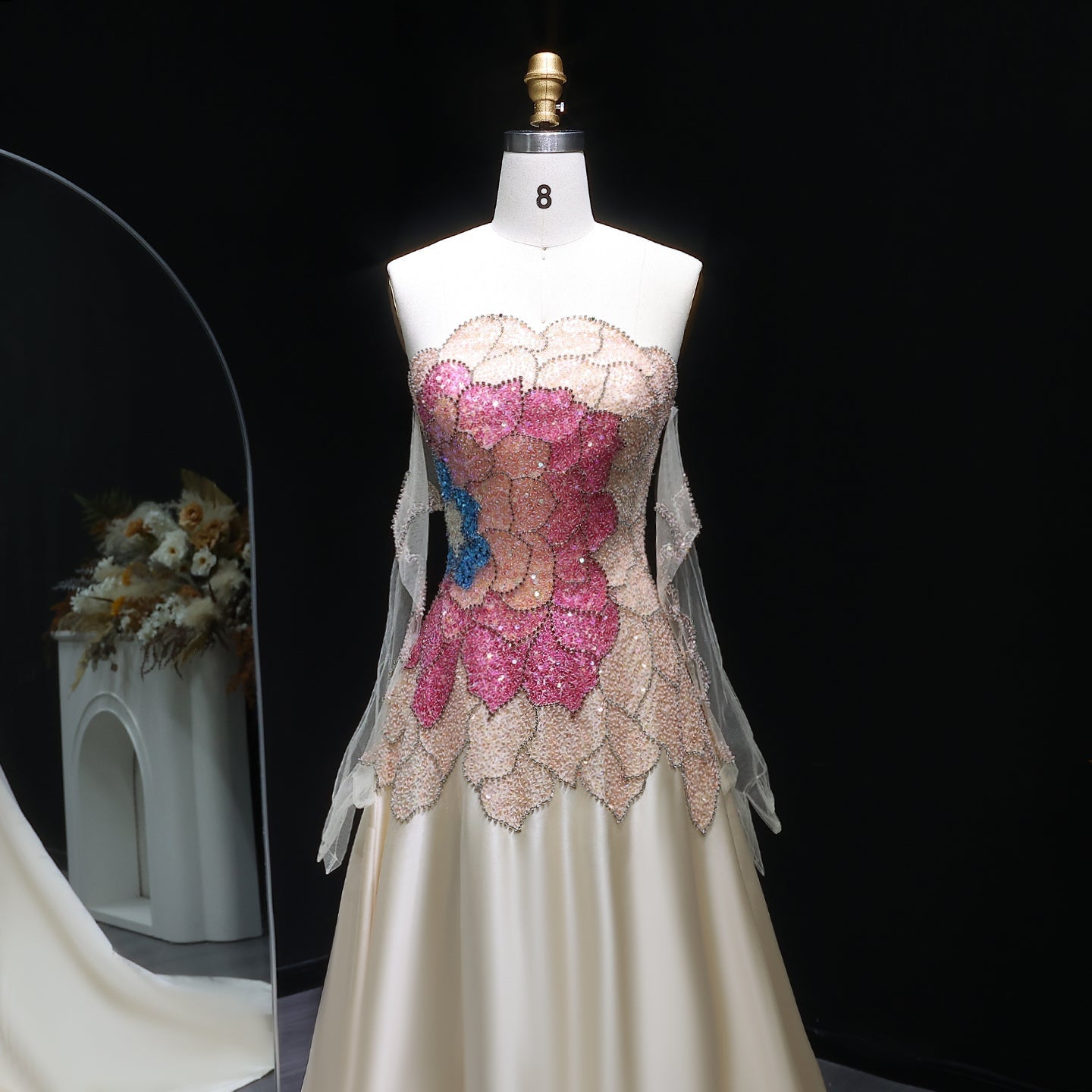 Luxury Beaded Strapless Evening Dress with Gloves SS513  Beige / US 18