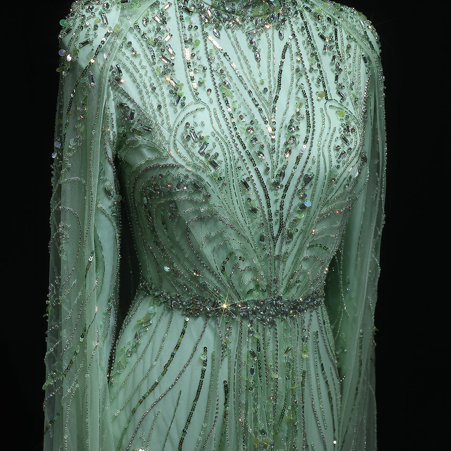 Luxury Champagne Long Sleeve High Neck Evening Dress with Cape SS366