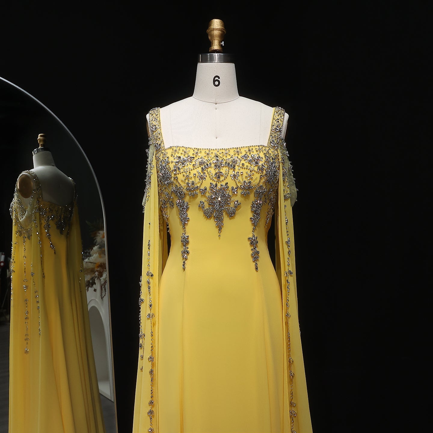 Chic Blue Crystal  Evening Dress with Flowing Cape Sleeve SS305 