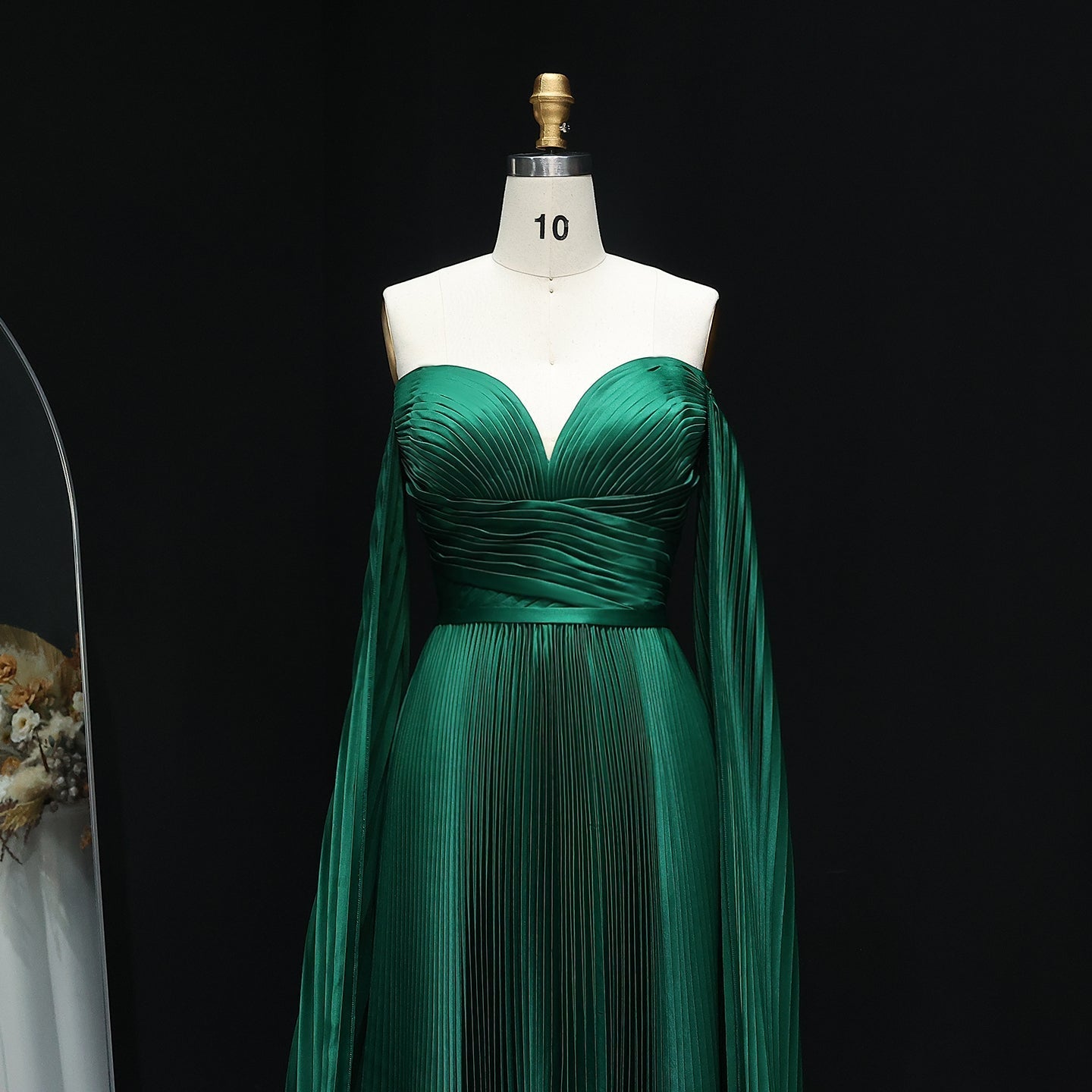 Green Off Shoulder Pleats Long Sleeve Evening Dress SF210