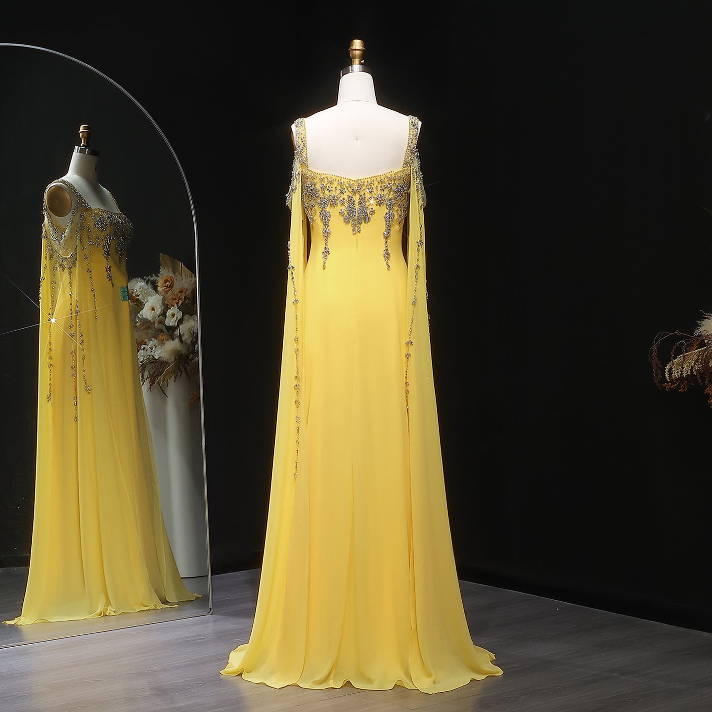 Chic Blue Crystal  Evening Dress with Flowing Cape Sleeve SS305 