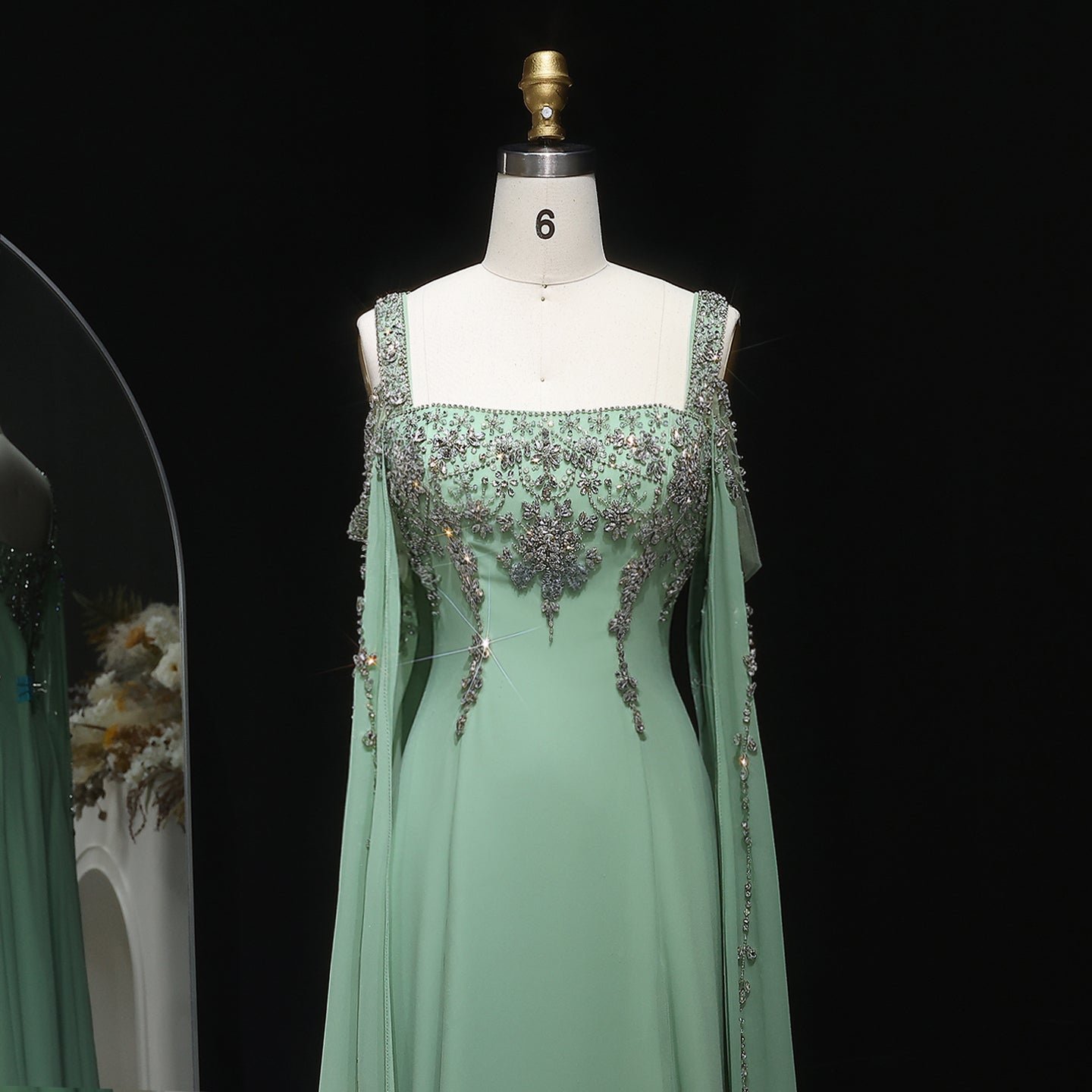 Chic Blue Crystal  Evening Dress with Flowing Cape Sleeve SS305