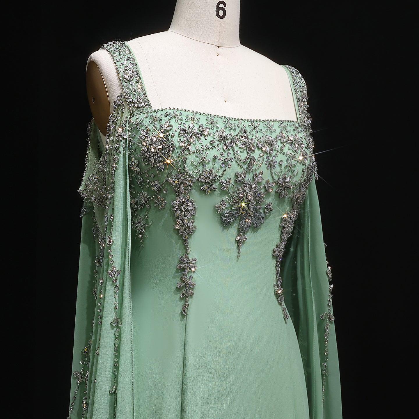 Chic Blue Crystal  Evening Dress with Flowing Cape Sleeve SS305