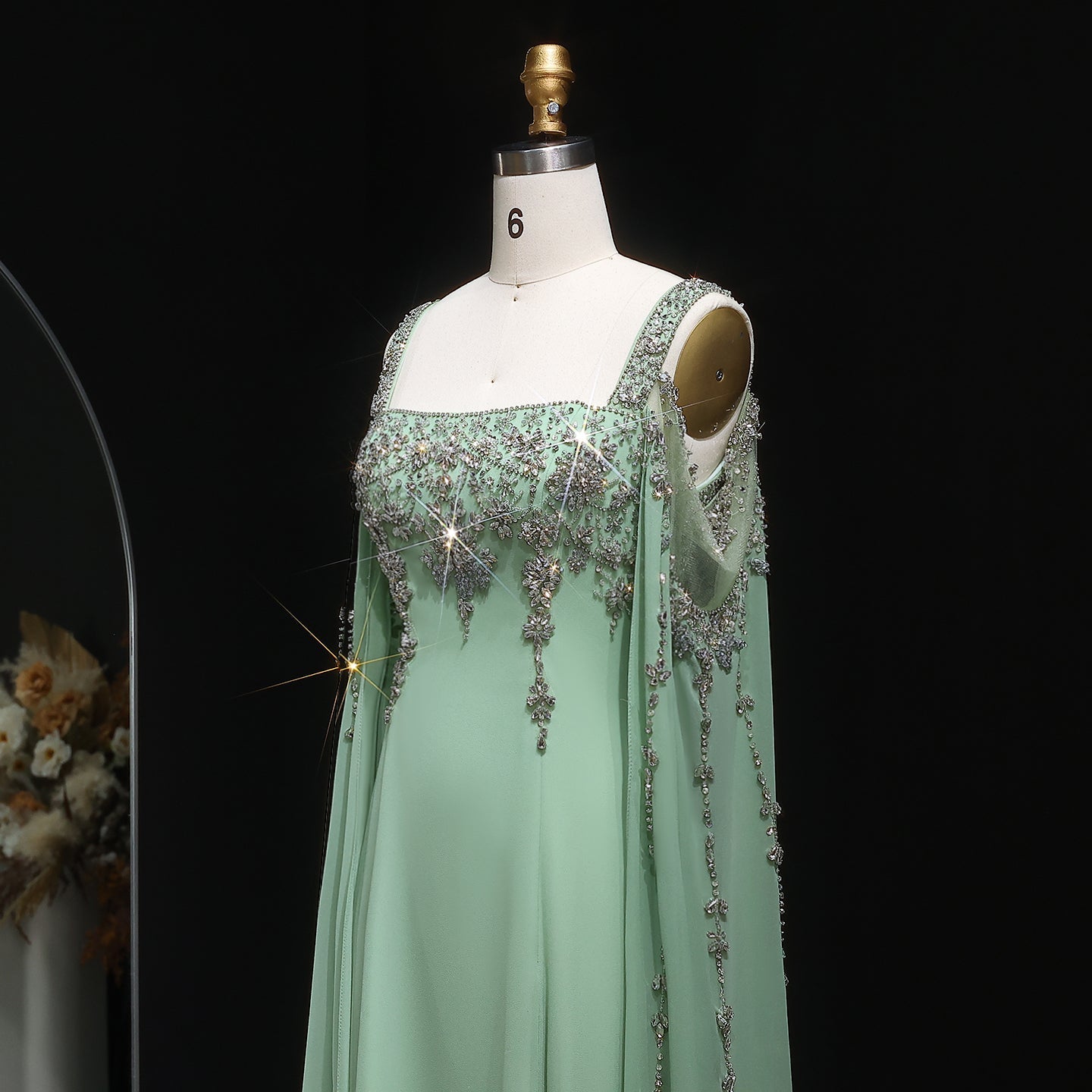 Chic Blue Crystal  Evening Dress with Flowing Cape Sleeve SS305