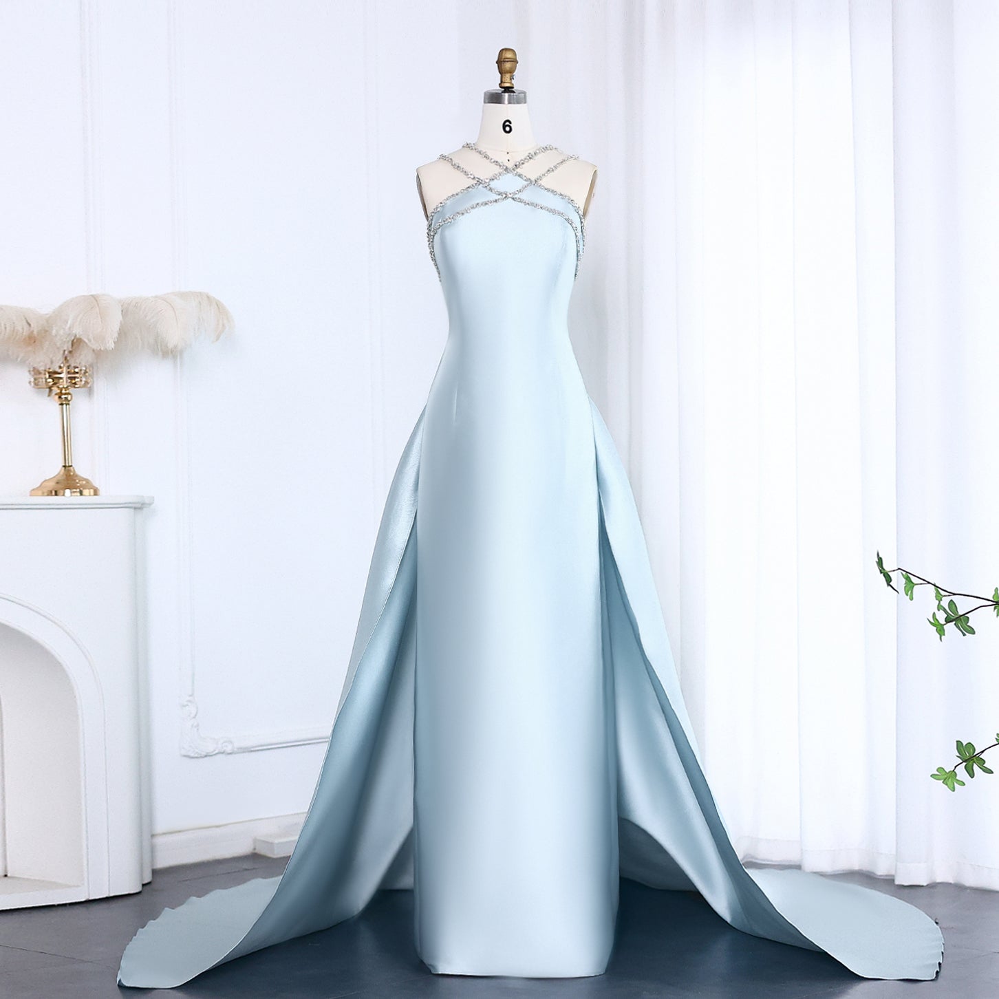Elegant Light Blue Satin Evening Dress with Overskirt SF048
