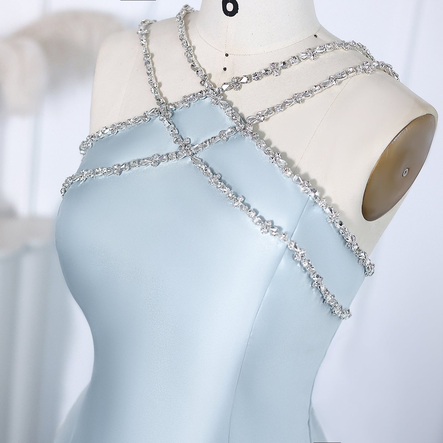 Elegant Light Blue Satin Evening Dress with Overskirt SF048