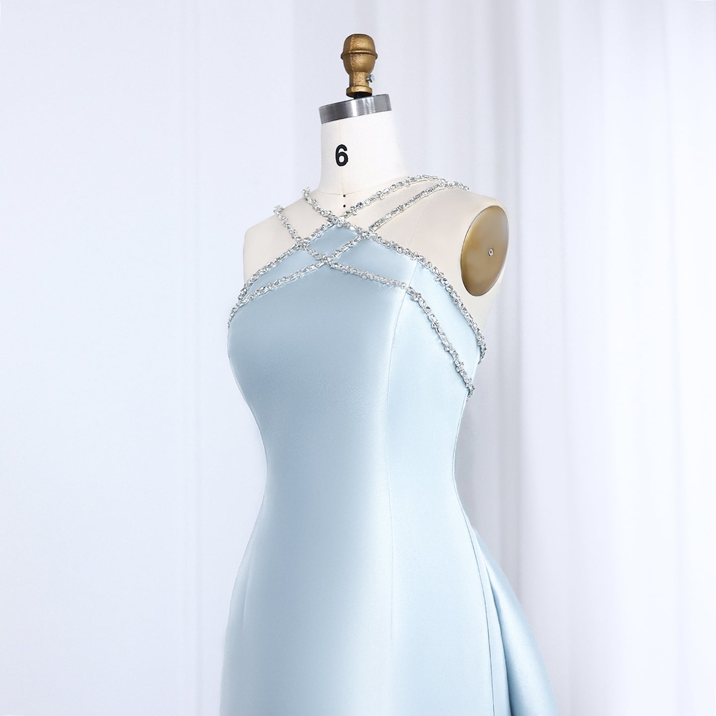 Elegant Light Blue Satin Evening Dress with Overskirt SF048