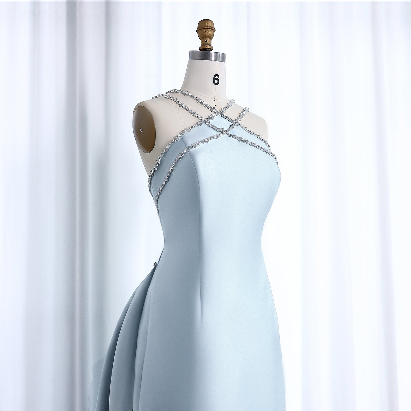 Elegant Light Blue Satin Evening Dress with Overskirt SF048