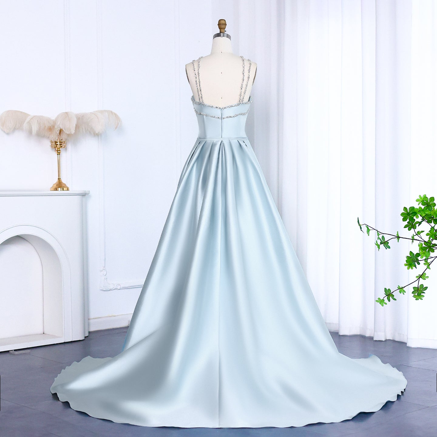 Elegant Light Blue Satin Evening Dress with Overskirt SF048