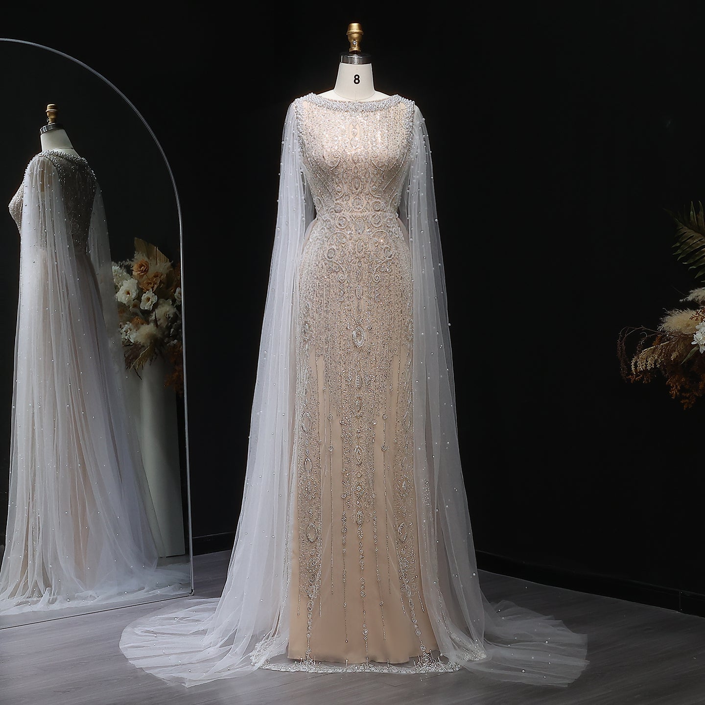 Luxury White Nude Evening Dress with Cape Sleeves SS668  Champagne / US 20