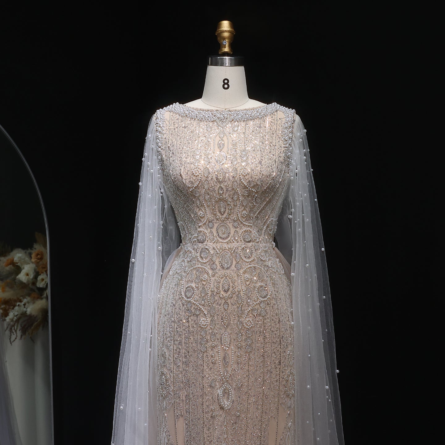 Luxury White Nude Evening Dress with Cape Sleeves SS668