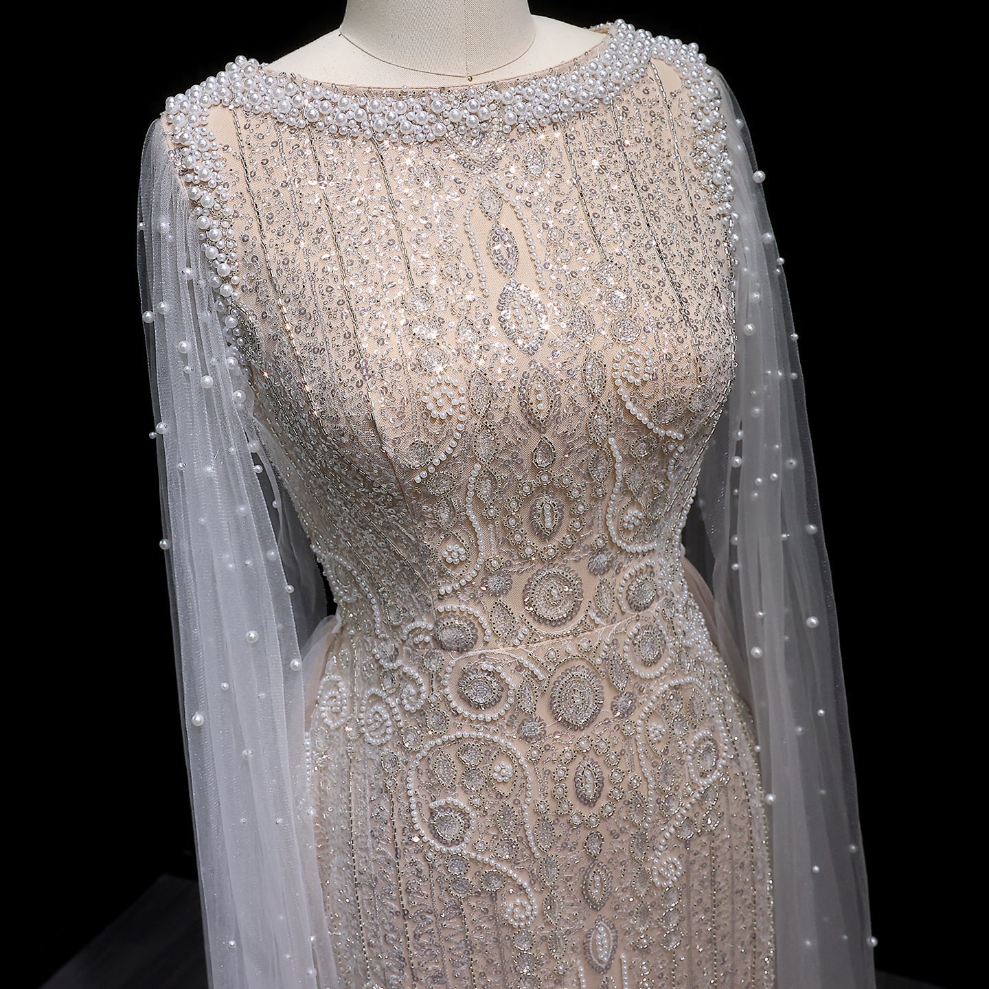 Luxury White Nude Evening Dress with Cape Sleeves SS668