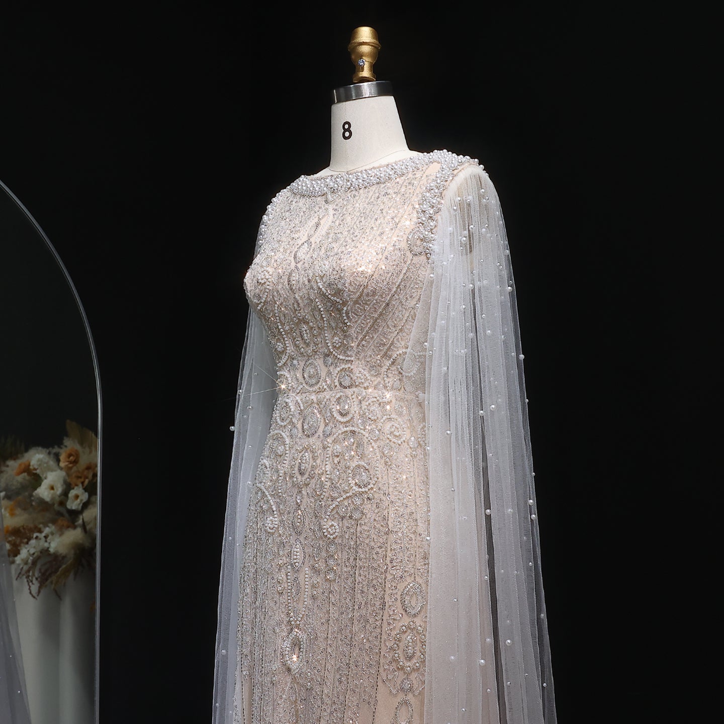 Luxury White Nude Evening Dress with Cape Sleeves SS668