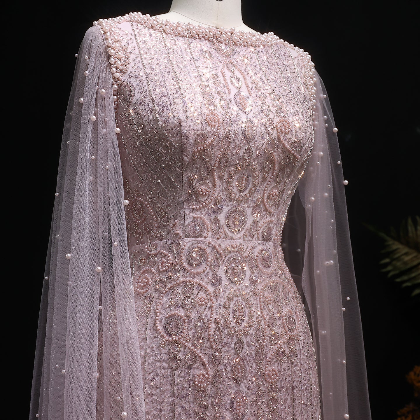 Luxury White Nude Evening Dress with Cape Sleeves SS668