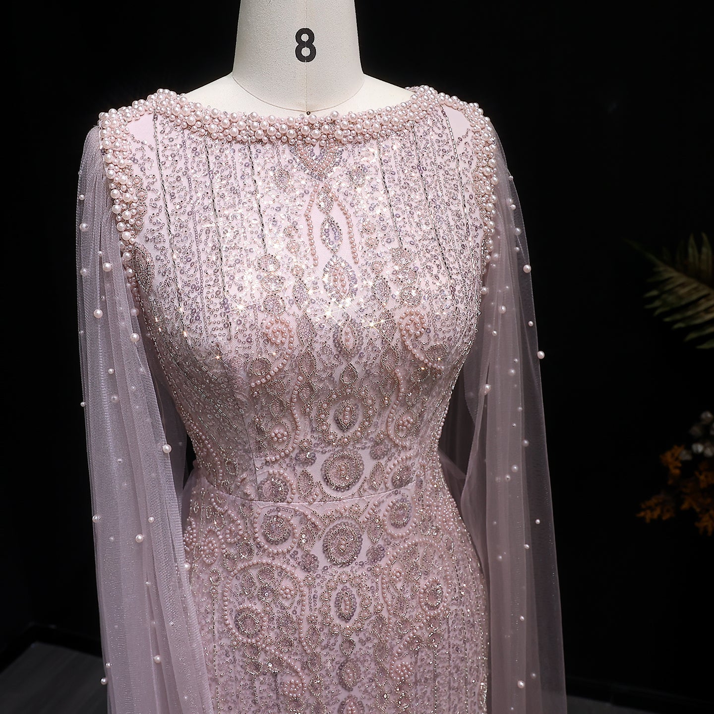 Luxury White Nude Evening Dress with Cape Sleeves SS668