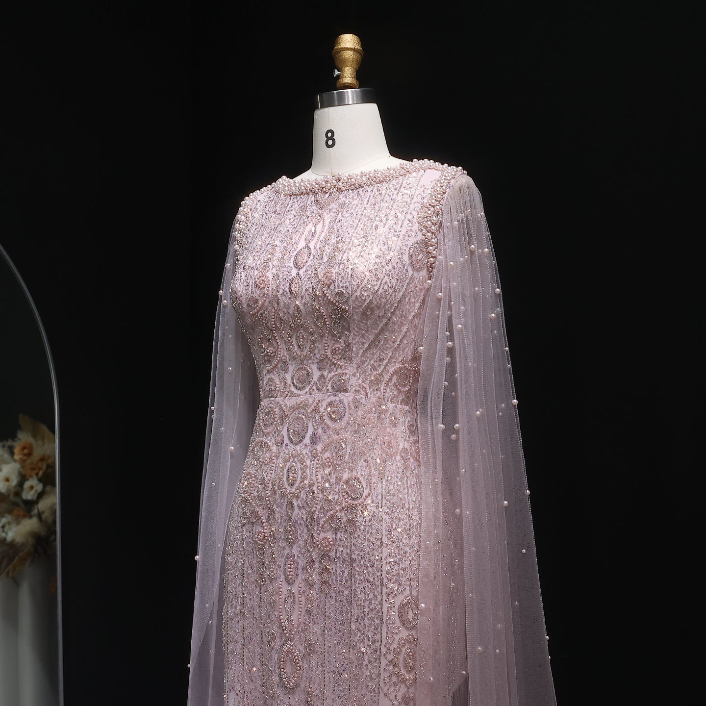 Luxury White Nude Evening Dress with Cape Sleeves SS668