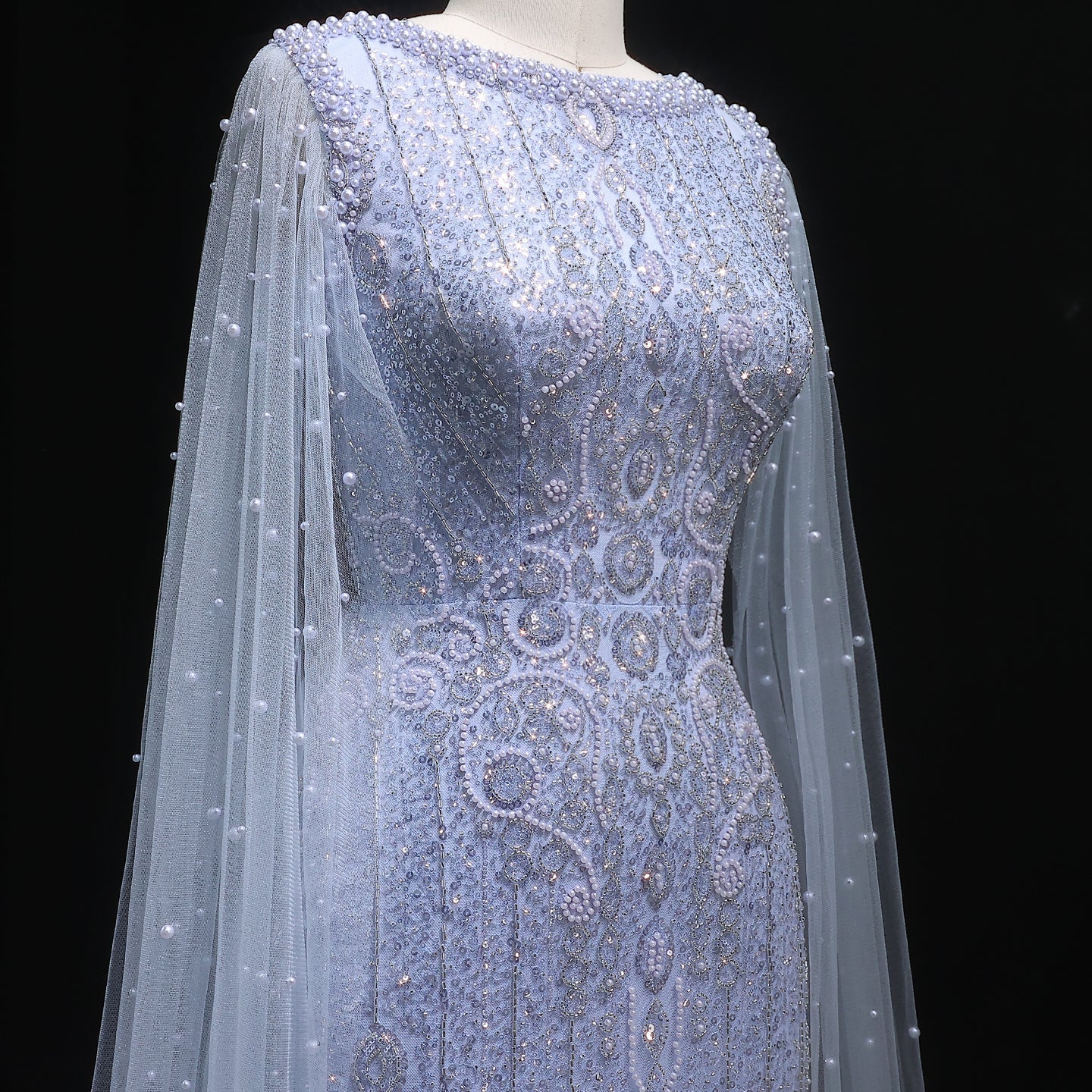 Luxury White Nude Evening Dress with Cape Sleeves SS668