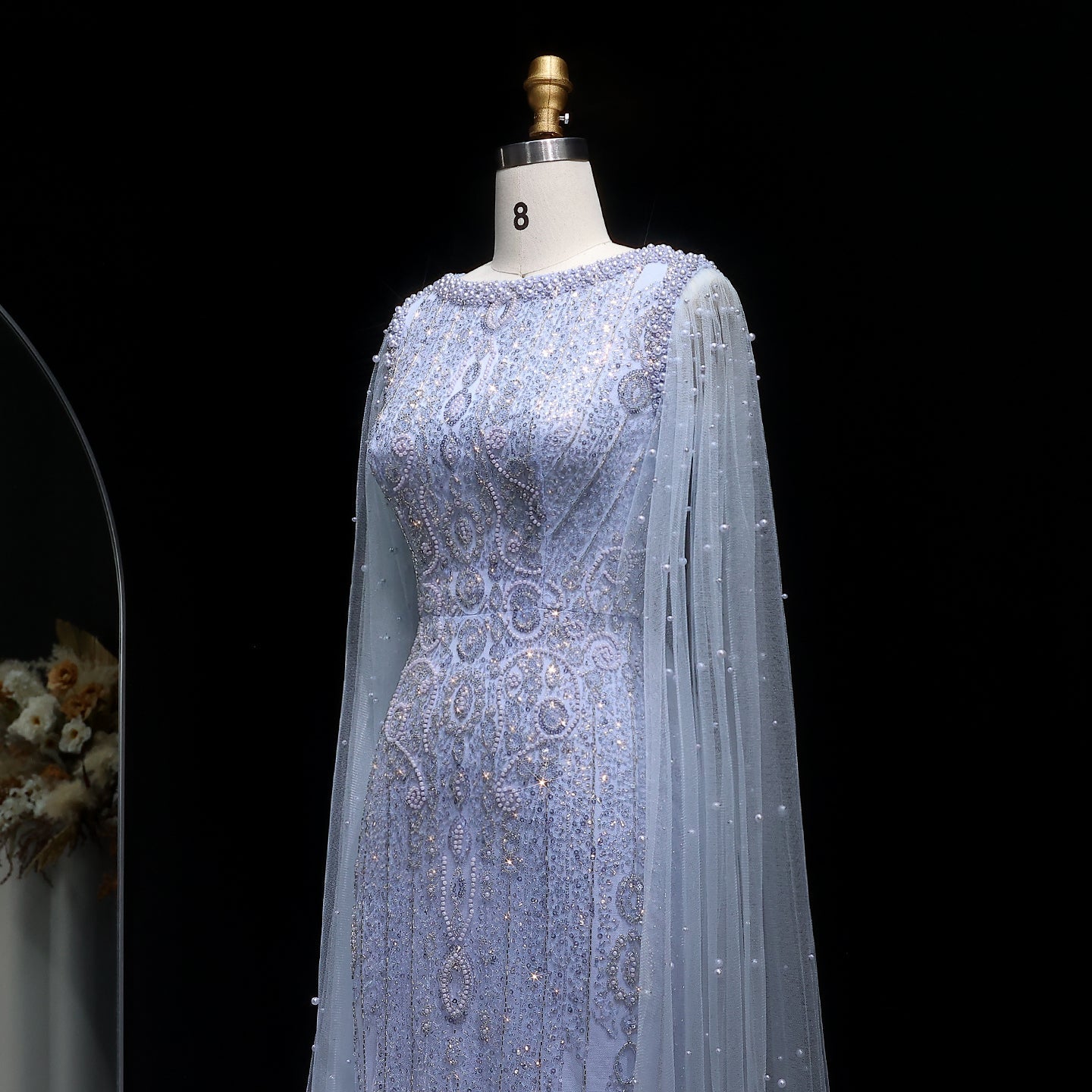 Luxury White Nude Evening Dress with Cape Sleeves SS668