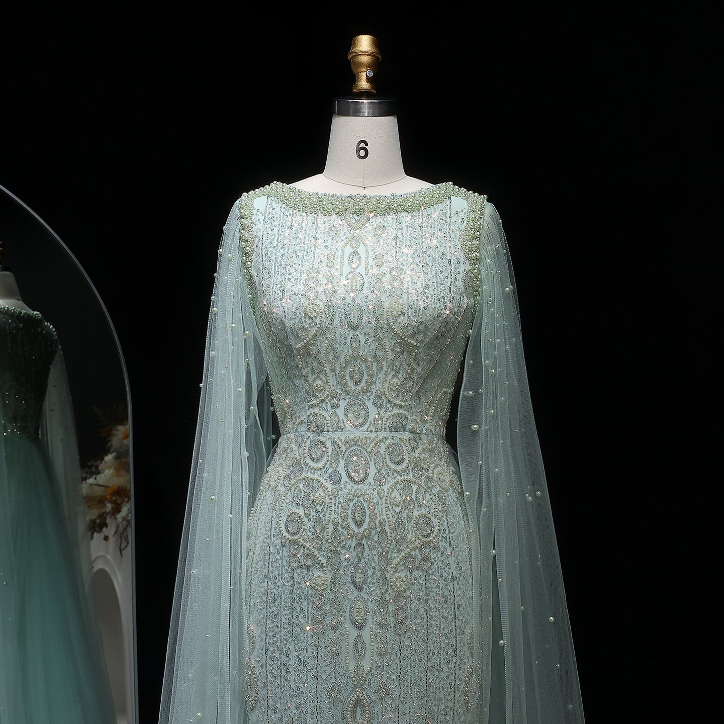 Luxury White Nude Evening Dress with Cape Sleeves SS668