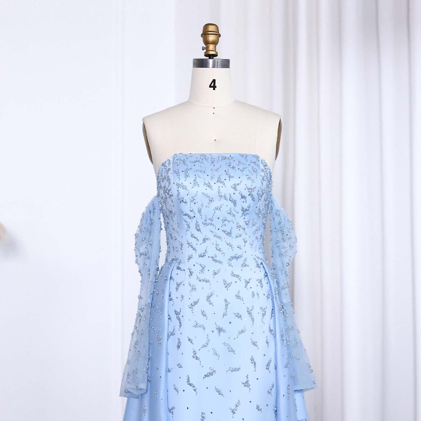 Luxury Silver Gray Evening Dress with Overskirt Sleeves SS484