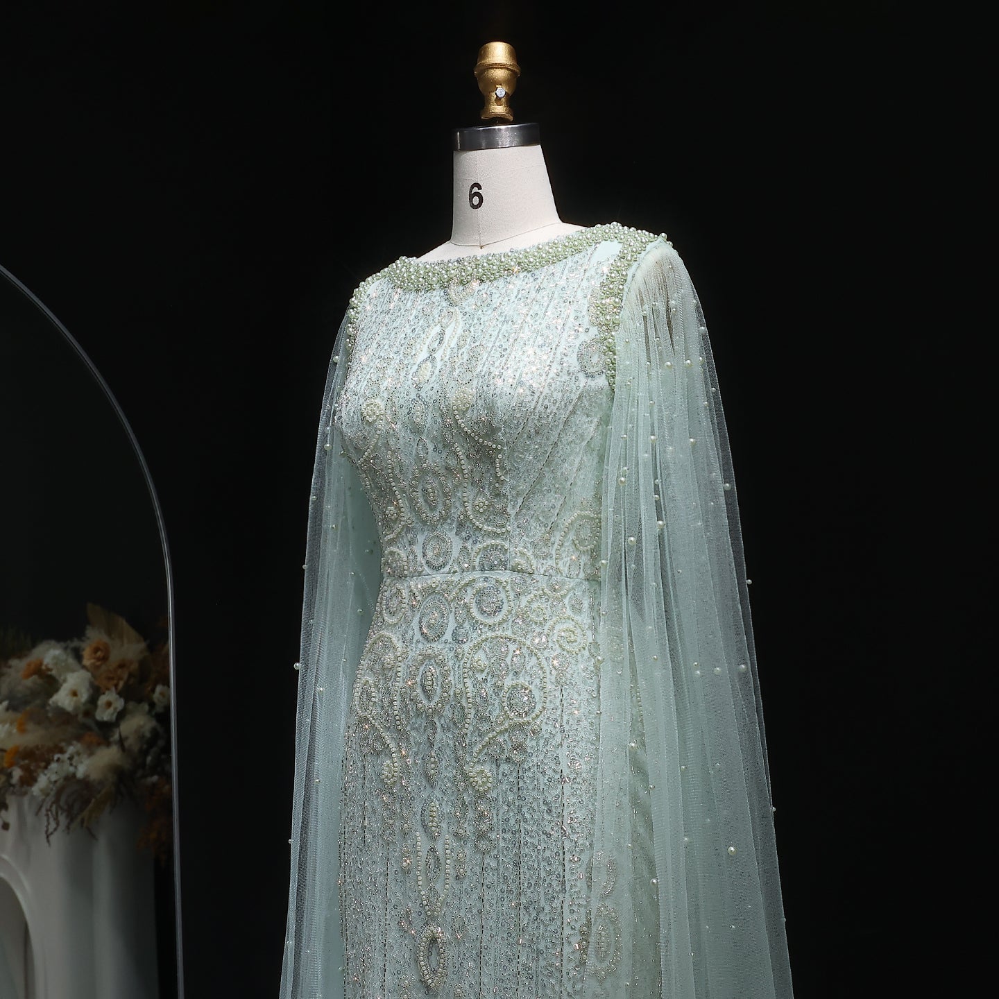 Luxury White Nude Evening Dress with Cape Sleeves SS668