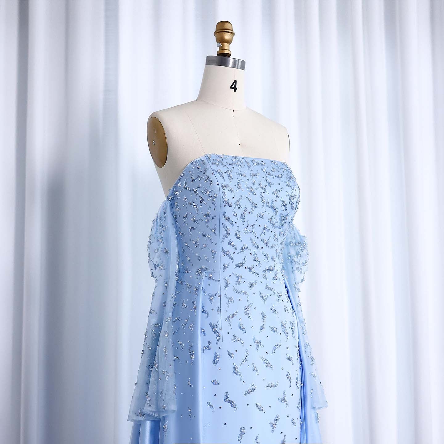 Luxury Silver Gray Evening Dress with Overskirt Sleeves SS484